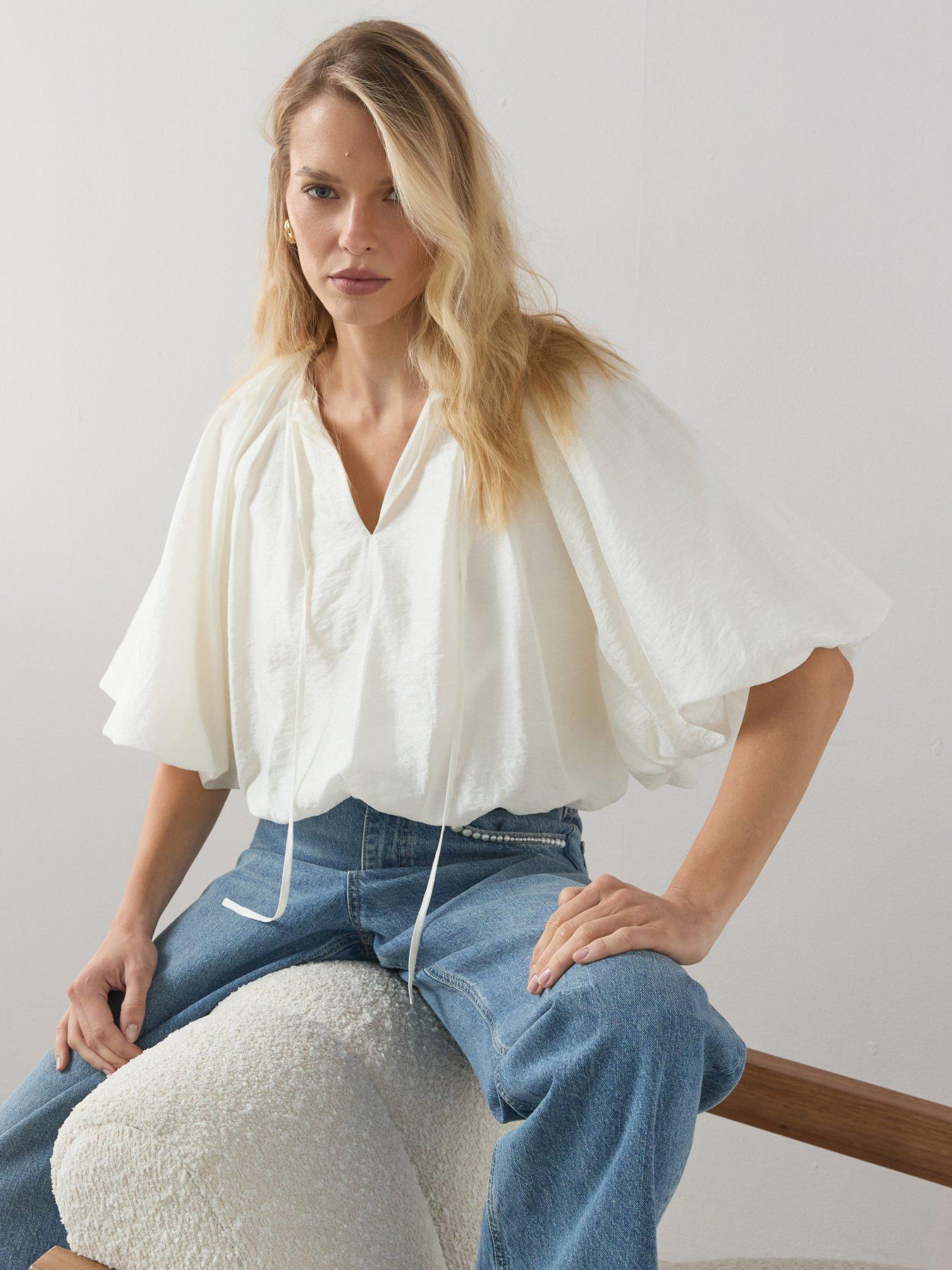 The Very Collection Bubble Hem Tie Front Blouse - Cream