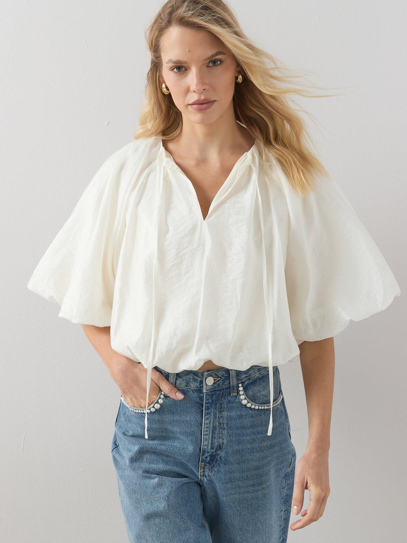  image of the-very-collection-bubble-hem-tie-front-blouse-cream