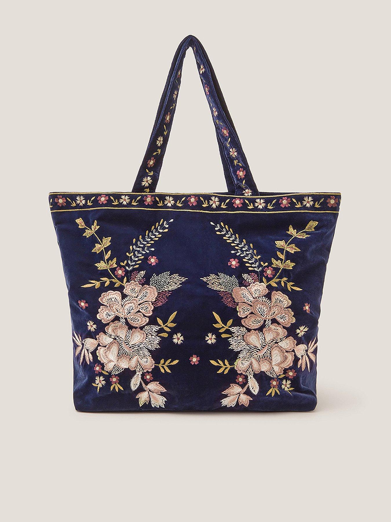 Monsoon Fallon Floral Embroidered Velvet Tote Bag - Blue