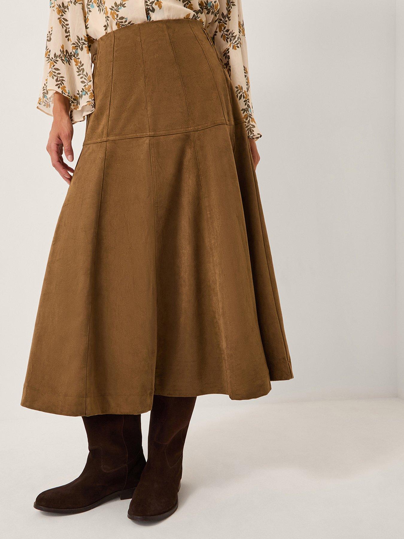 Image 1 of 5 of Monsoon Macy Suedette A-line Midi Skirt - Brown