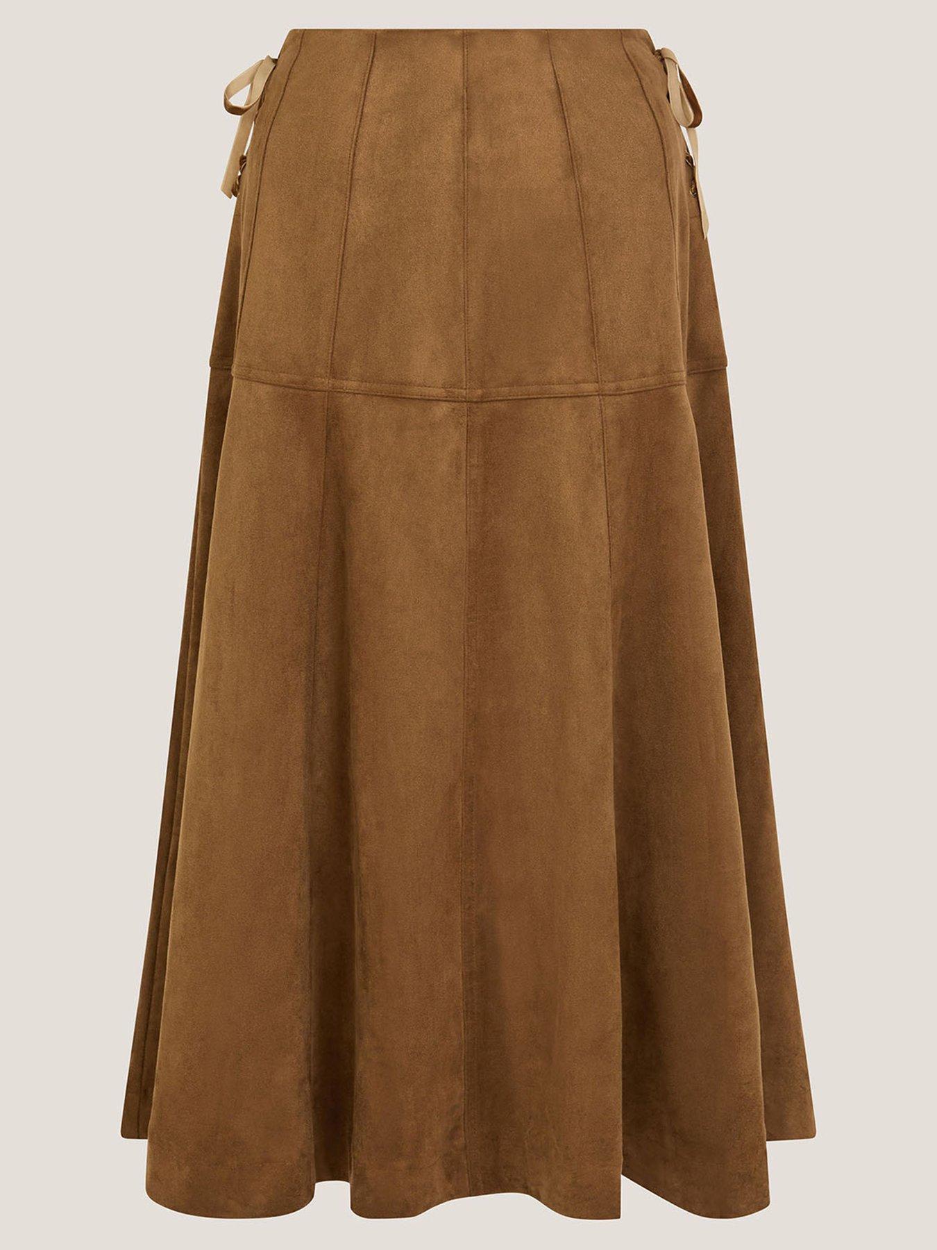 Image 3 of 5 of Monsoon Macy Suedette A-line Midi Skirt - Brown