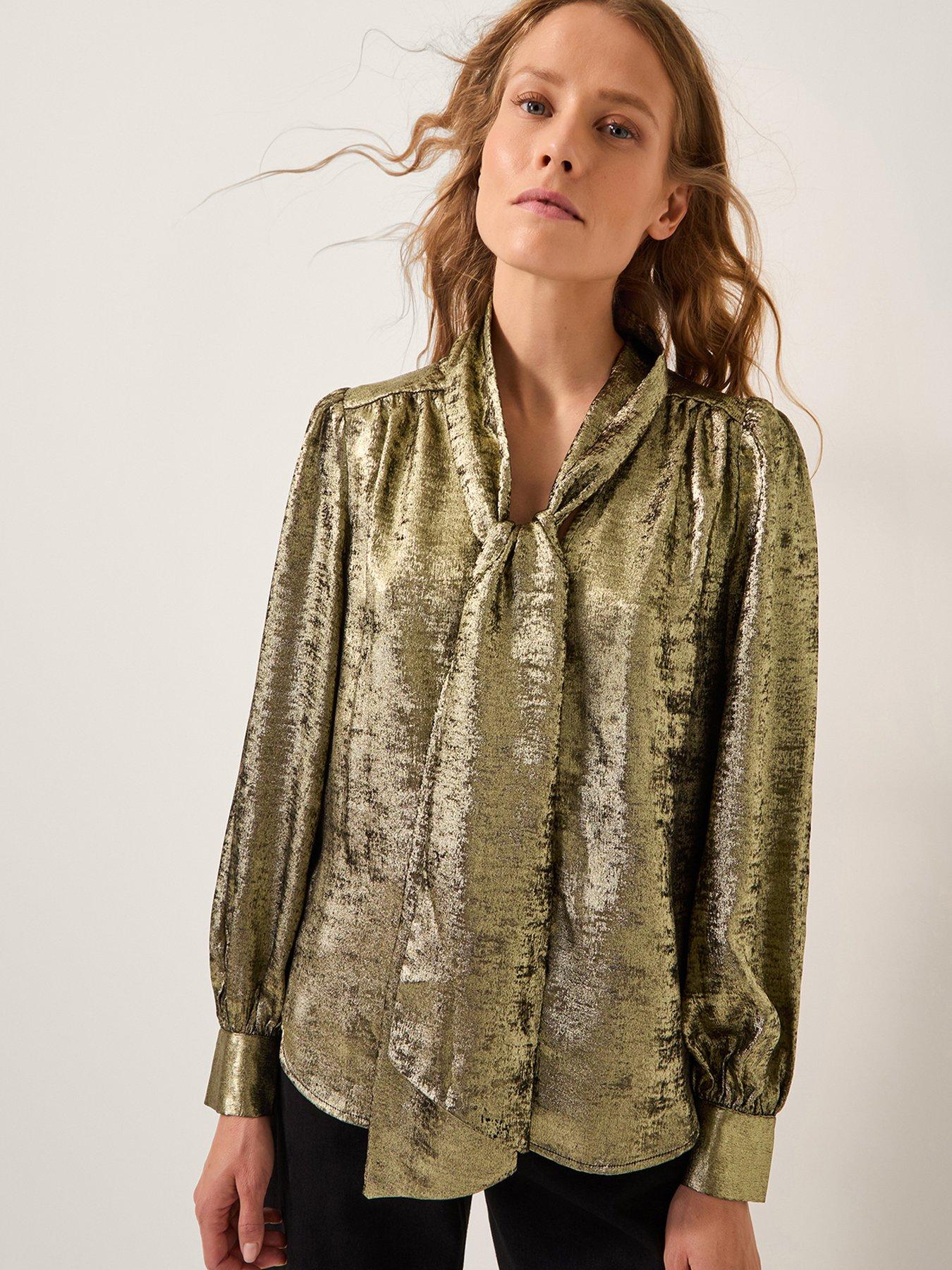Monsoon Milena Metallic Tie Neck Blouse - Gold