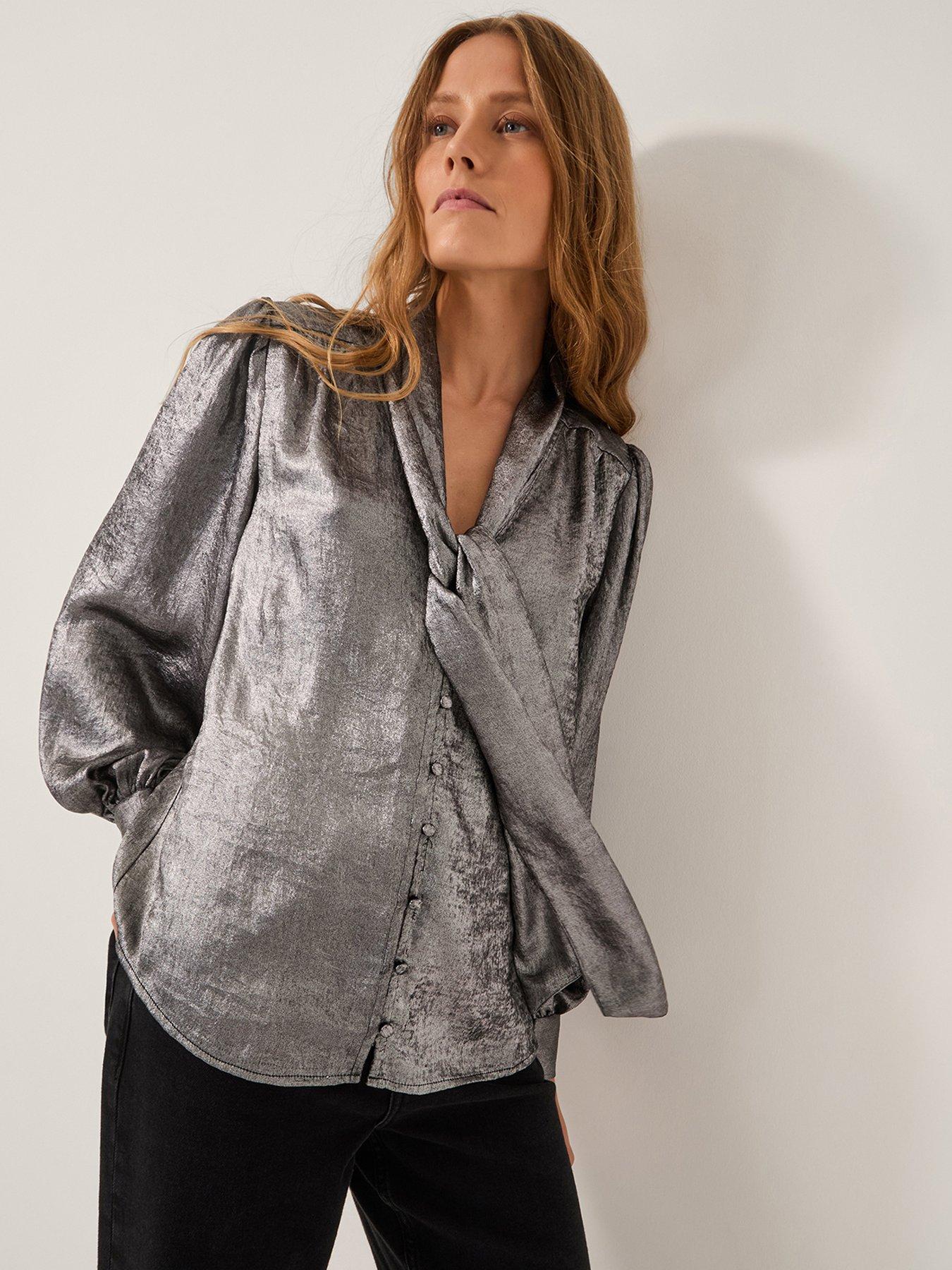 Monsoon Milena Metallic Tie Neck Blouse - Silver