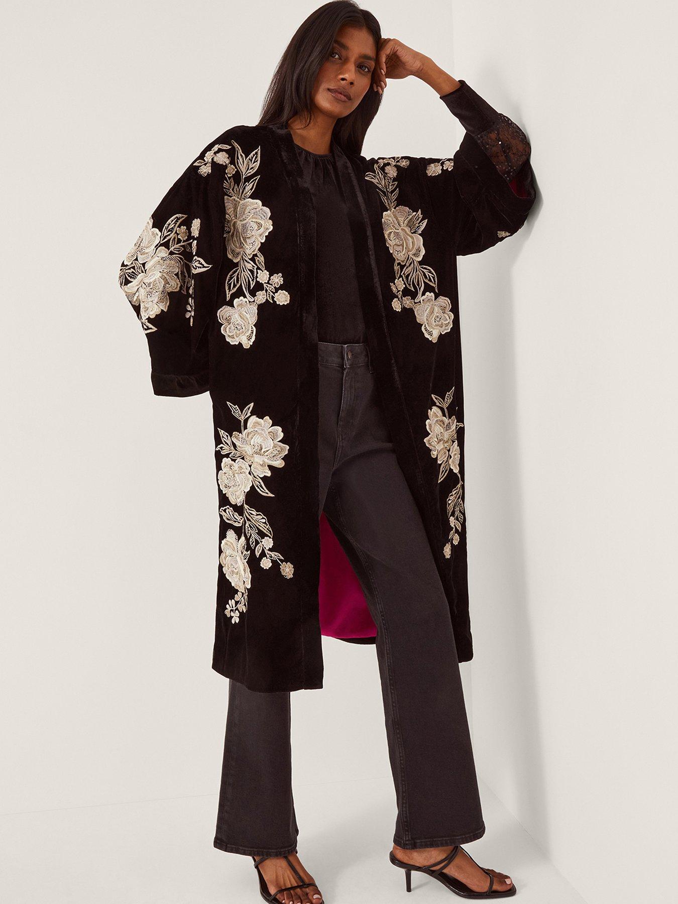 Monsoon Fia Floral Long Kimono - Black