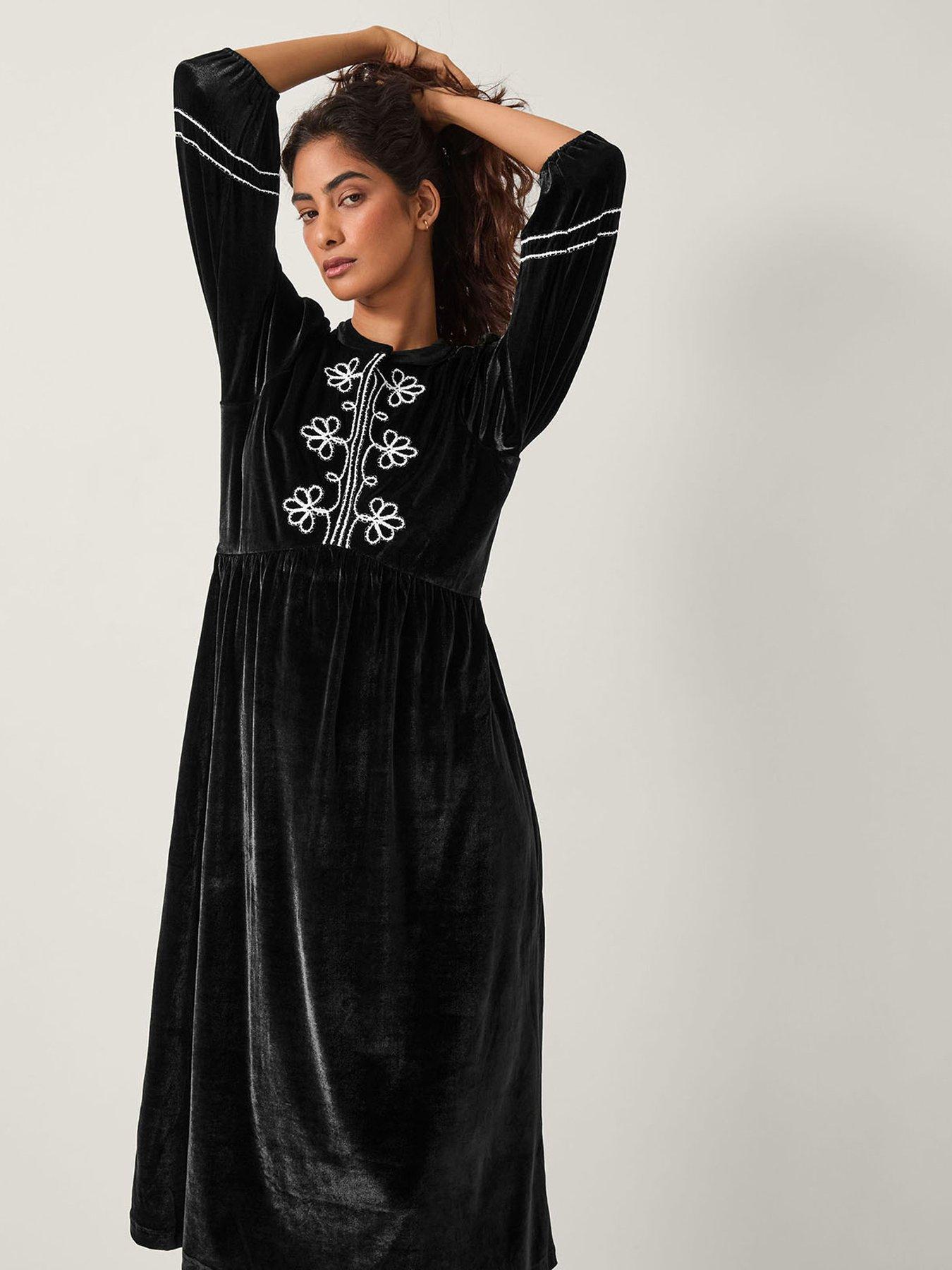 Monsoon Venus Embroidered Stretch Velvet Midi Dress - Black | Littlewoods