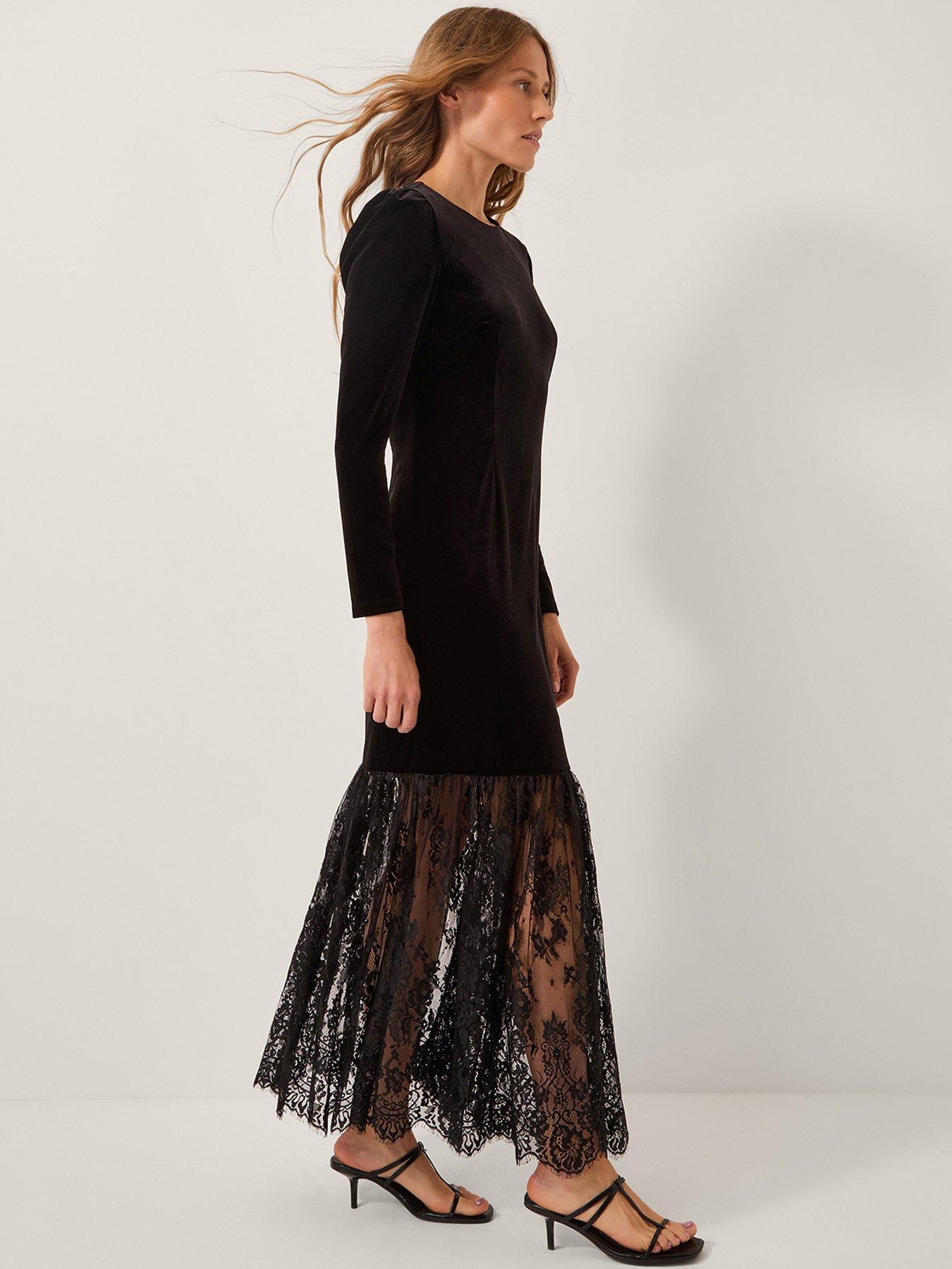 Image 1 of 5 of Monsoon Verity Velvet Lace Maxi Dress - Black