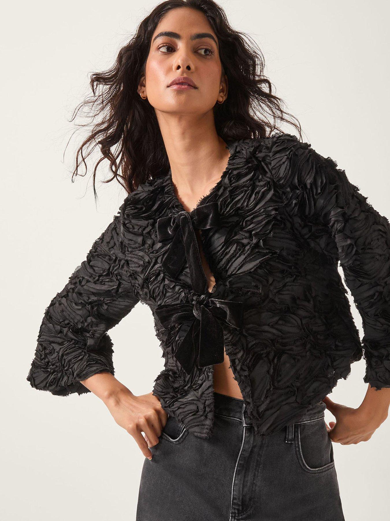 Monsoon Tia Tie-Front Textured Jersey Jacket - Black