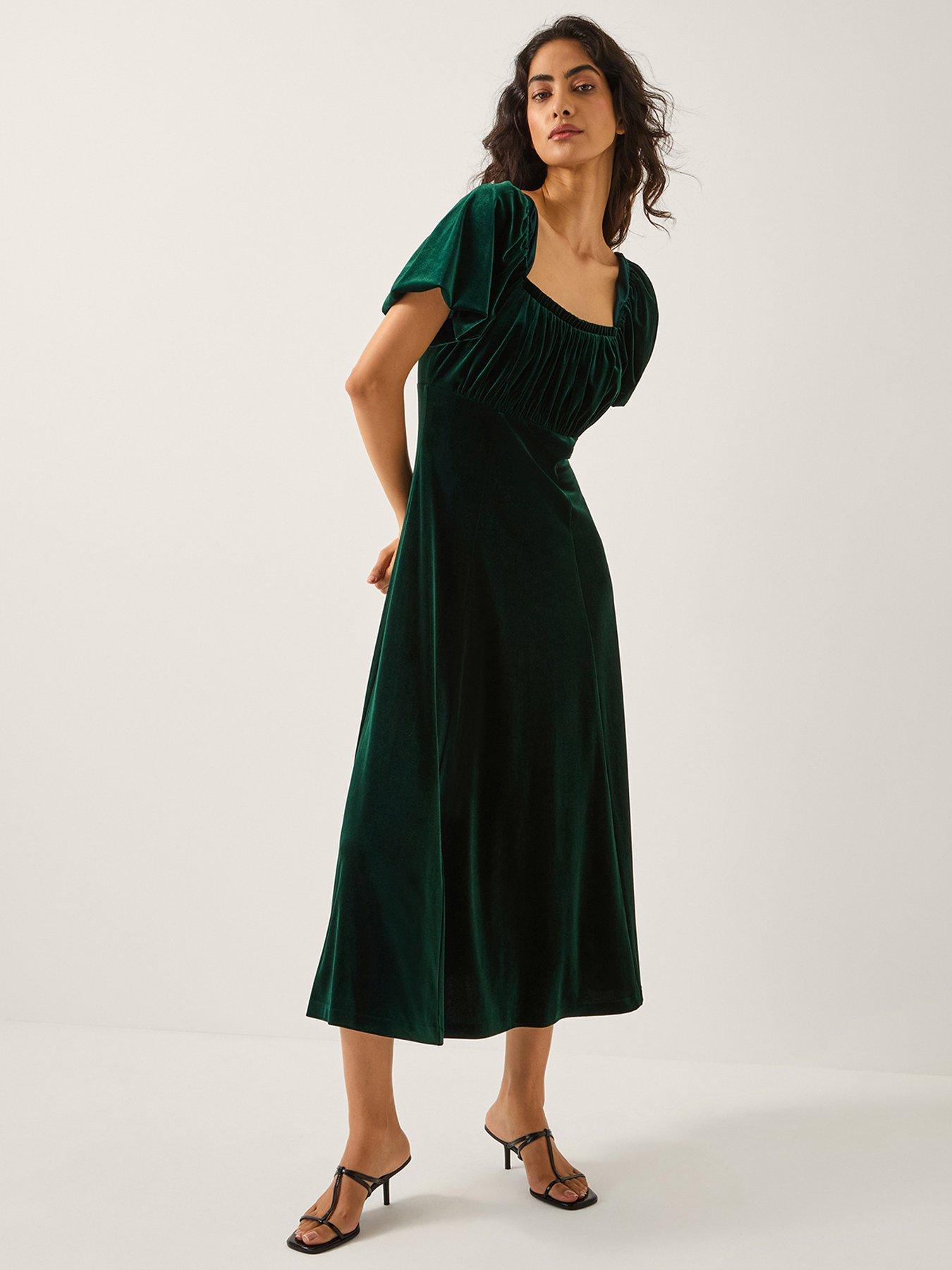  image of monsoon-cynthia-puff-sleeve-velvet-midi-dress-green