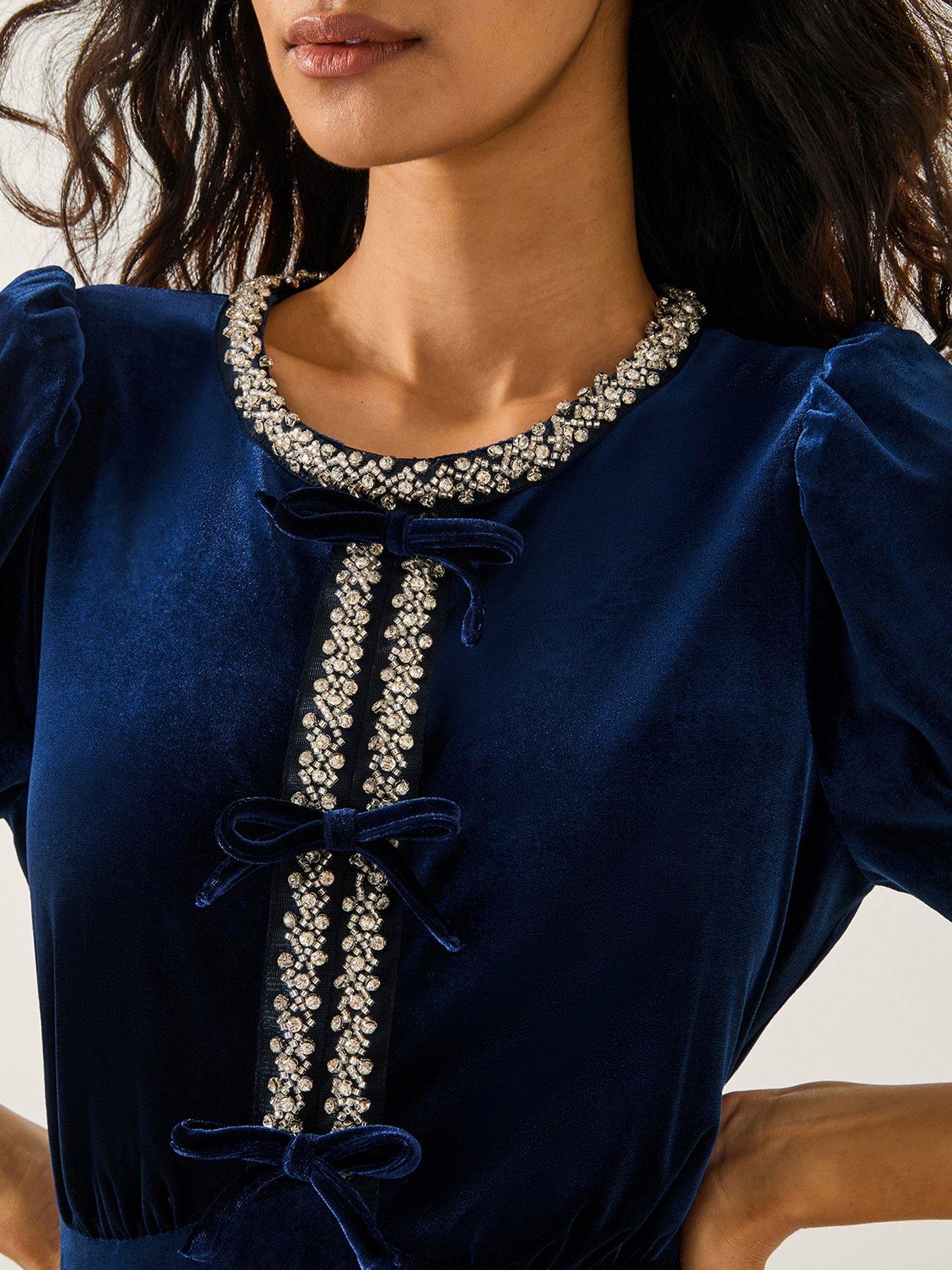  image of monsoon-celeste-embellished-bow-velvet-midi-dress-blue