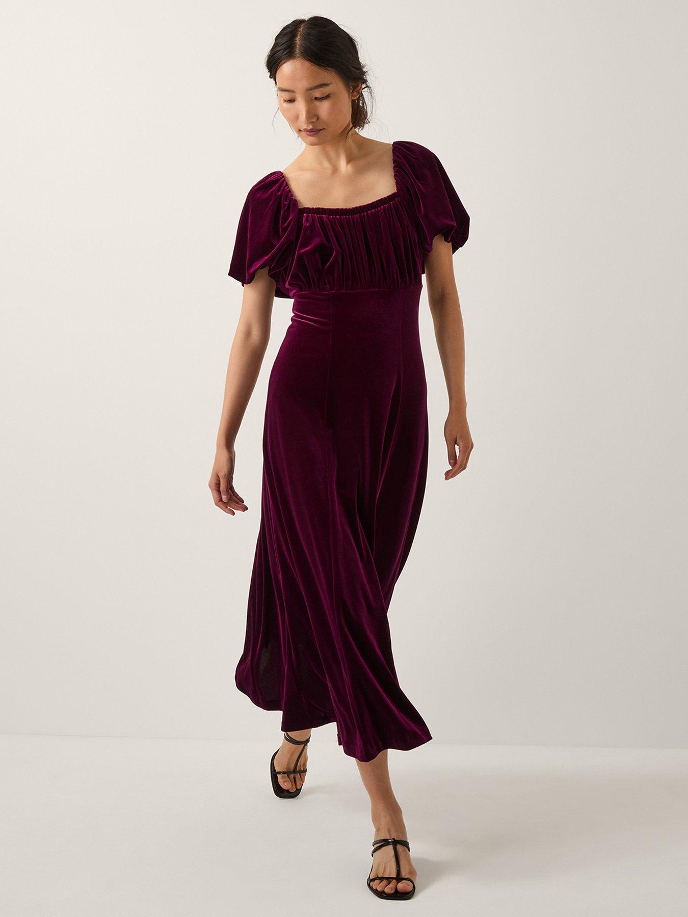 Monsoon Cynthia Puff Sleeve Velvet Midi Dress - Red