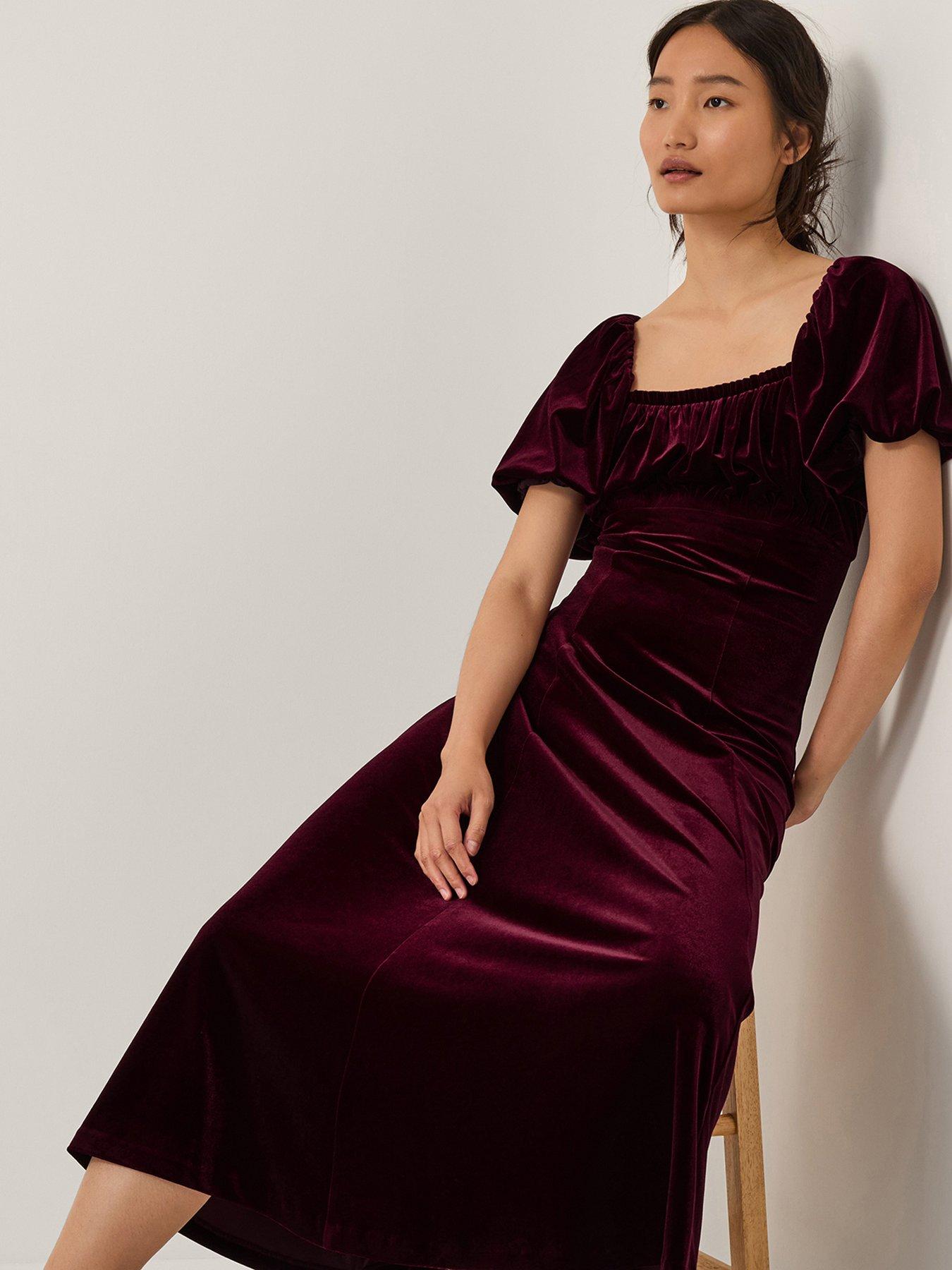  image of monsoon-cynthia-puff-sleeve-velvet-midi-dress-red