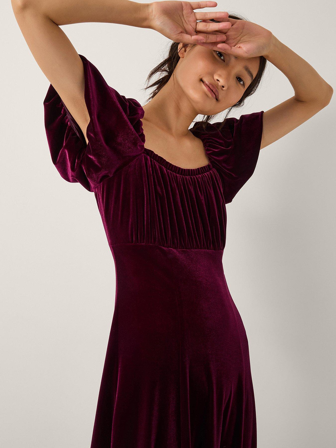  image of monsoon-cynthia-puff-sleeve-velvet-midi-dress-red