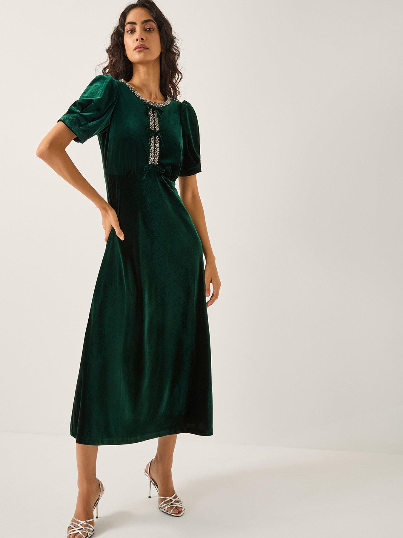  image of monsoon-celeste-embellished-bow-velvet-midi-dress-green