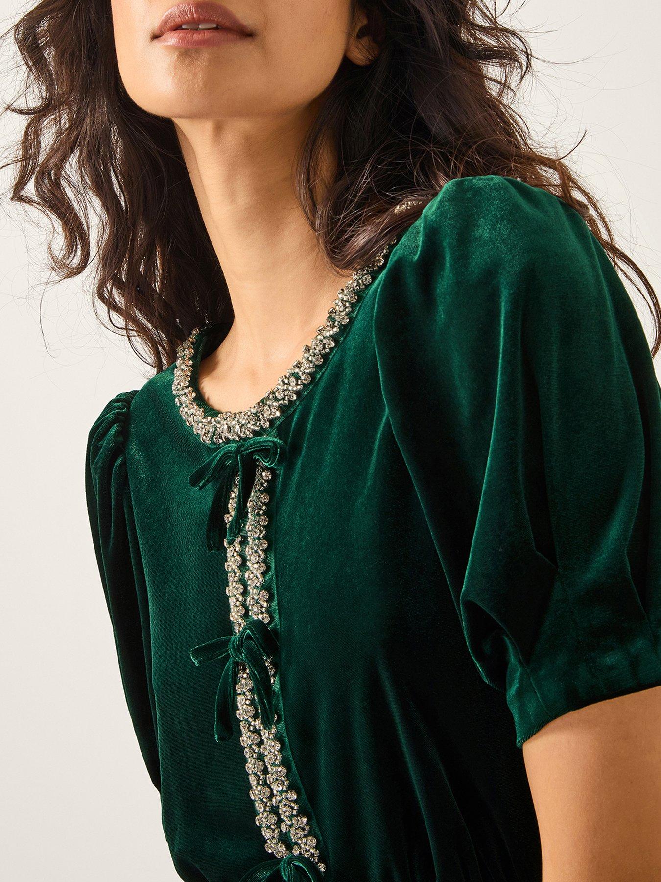  image of monsoon-celeste-embellished-bow-velvet-midi-dress-green