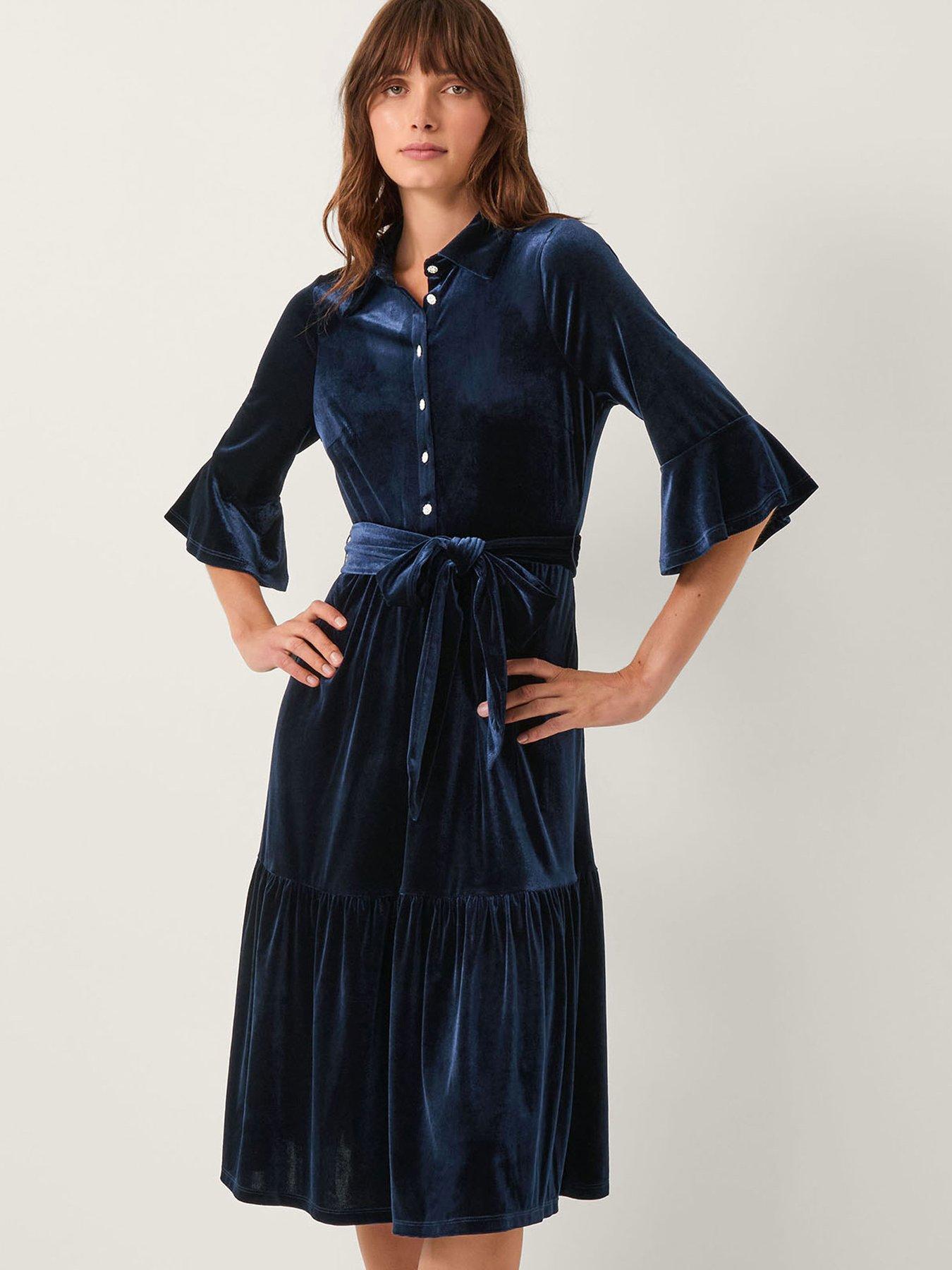 Monsoon Tanya Stretch Velvet Midi Shirt Dress - Blue