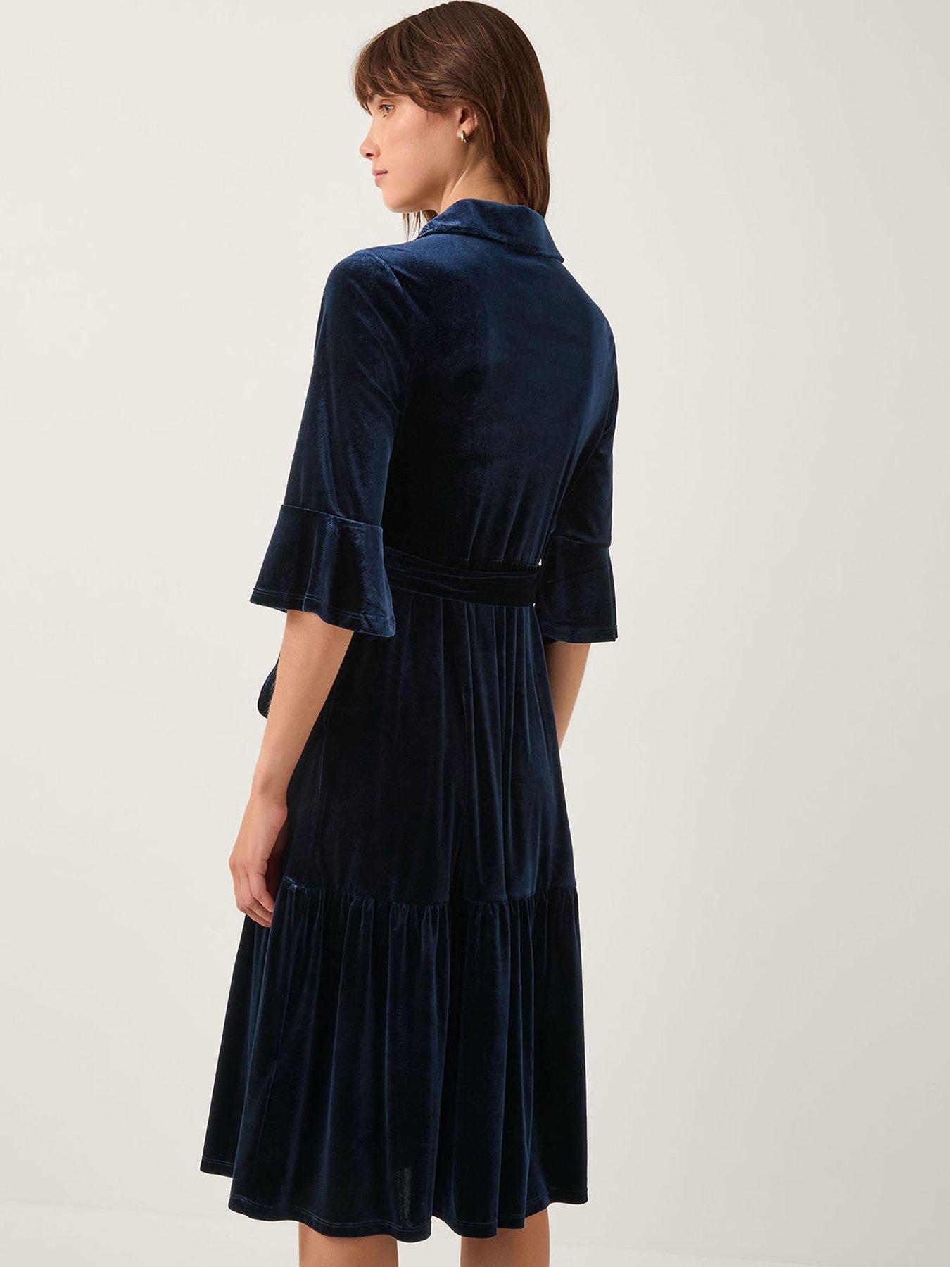 Image 2 of 5 of Monsoon Tanya Stretch Velvet Midi Shirt Dress - Blue