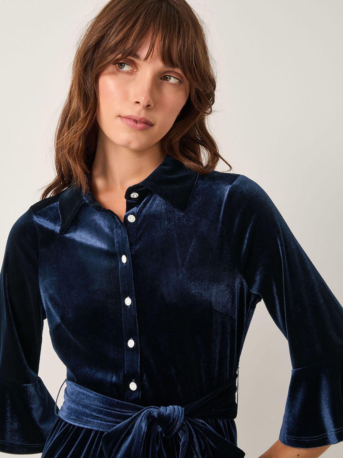 Image 5 of 5 of Monsoon Tanya Stretch Velvet Midi Shirt Dress - Blue