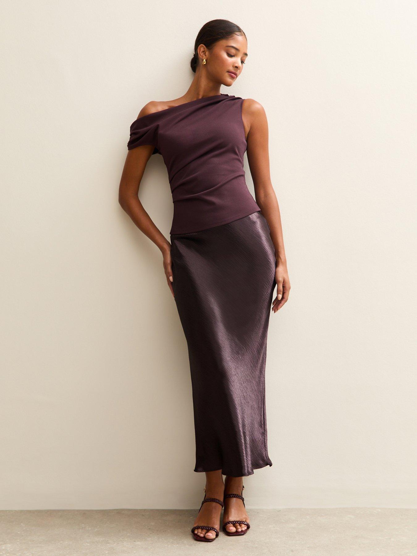 New Look Dark Burgundy Satin Midi Skirt