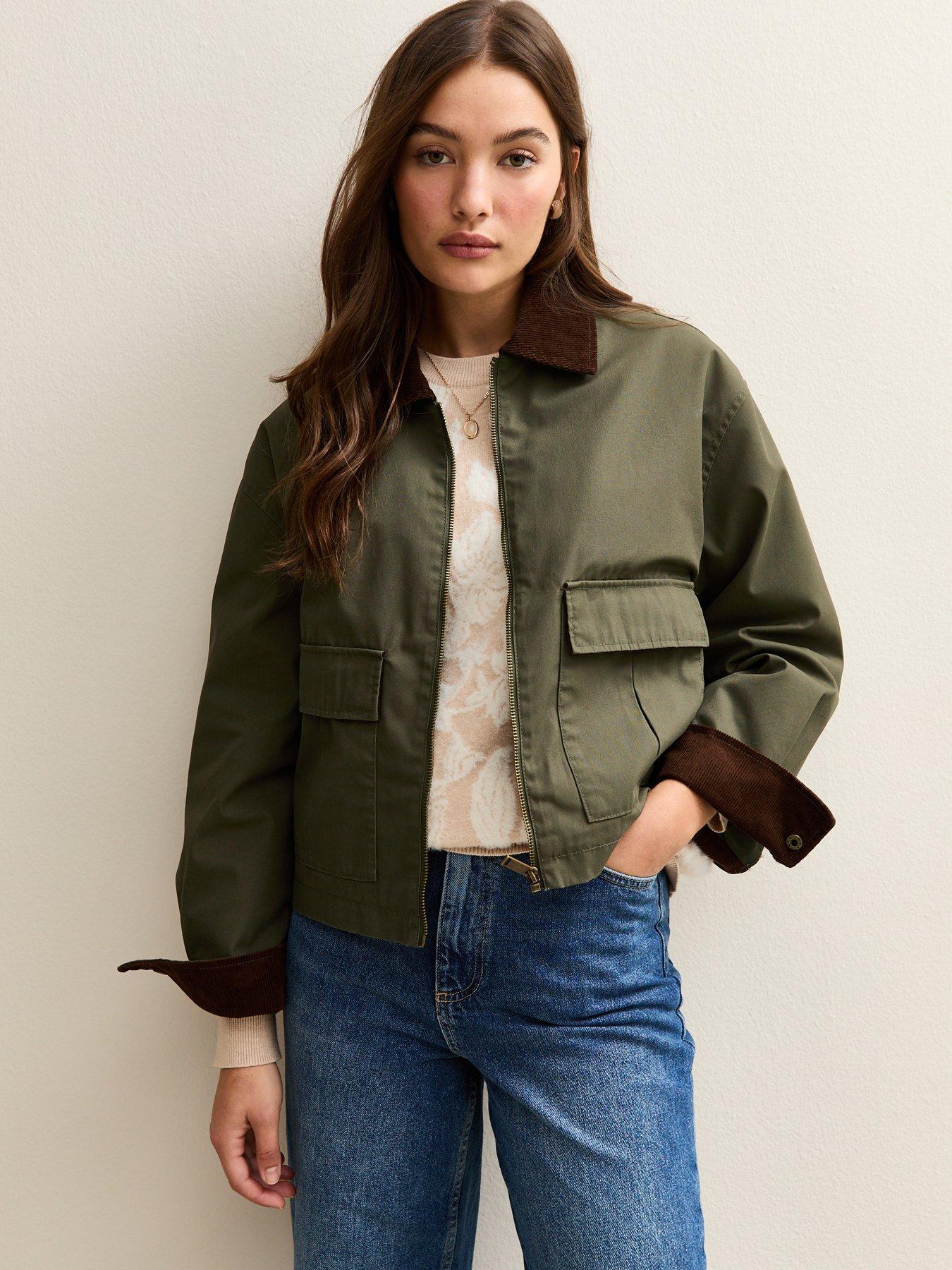 New Look Khaki Contrast Collar Cropped Barn Jacket