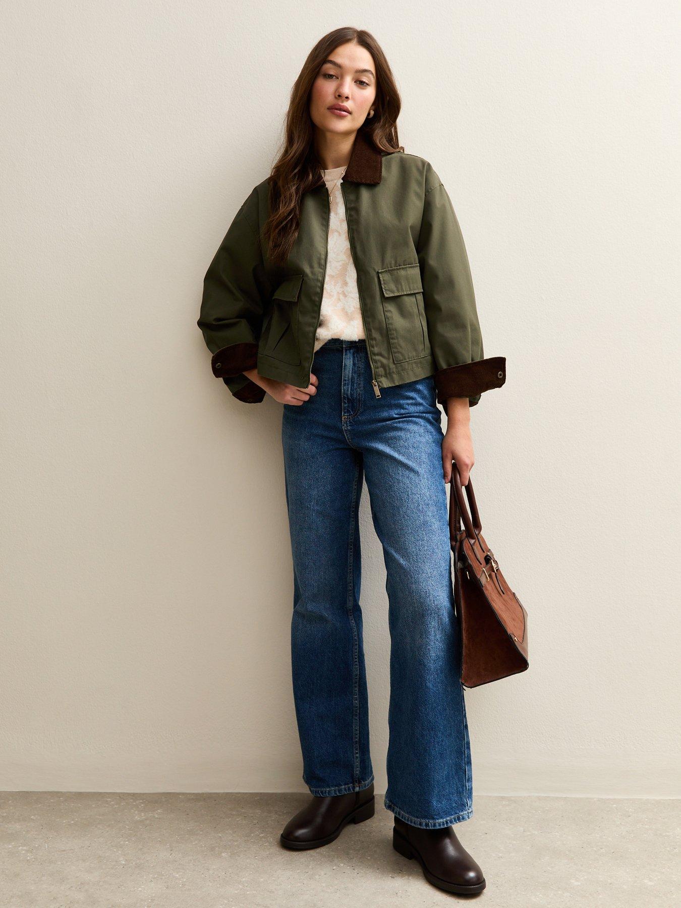  image of new-look-khaki-contrast-collar-cropped-barn-jacket