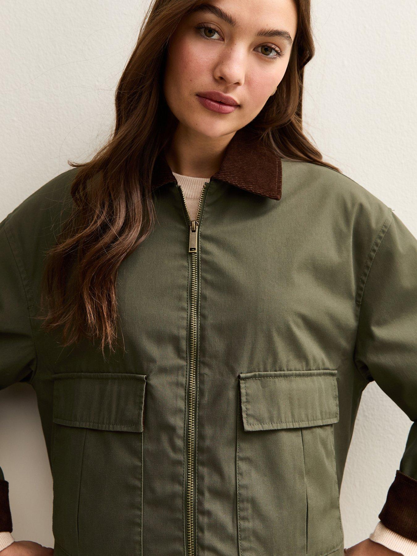  image of new-look-khaki-contrast-collar-cropped-barn-jacket