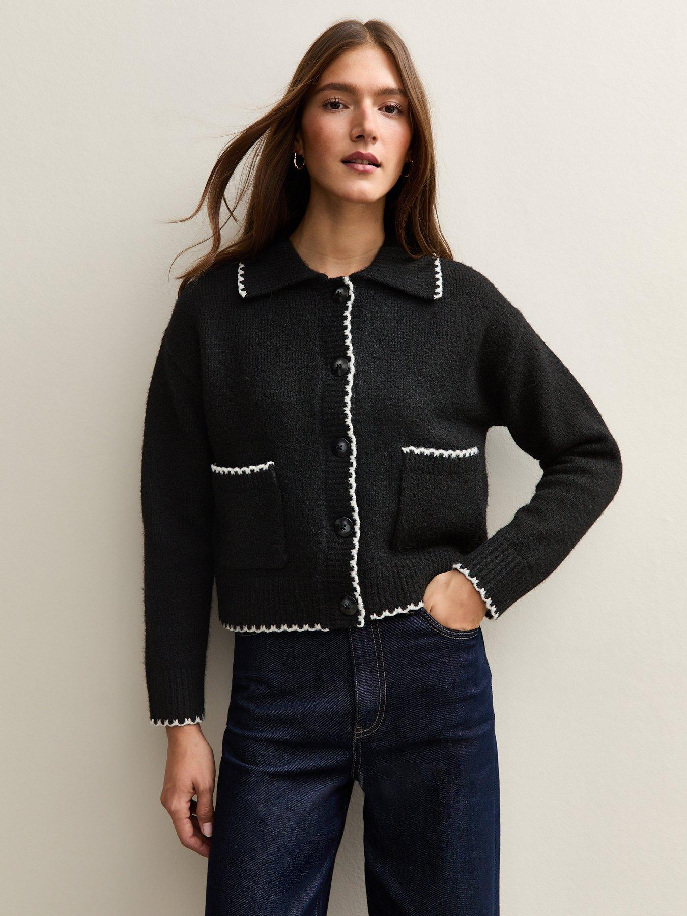  image of new-look-black-blanket-stitch-collared-cardigan