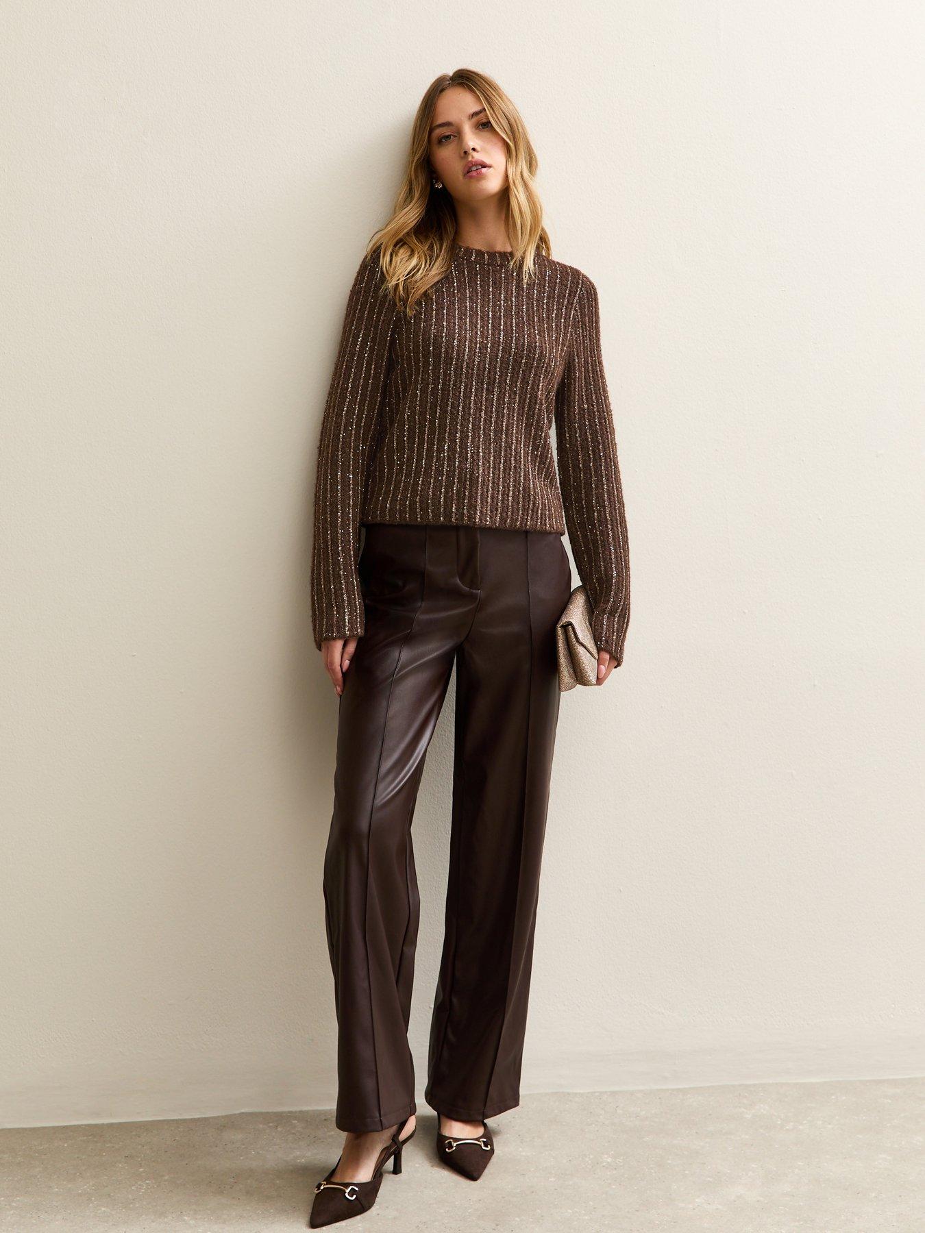 Image 3 of 5 of New Look Striped Sequin Jumper - Brown