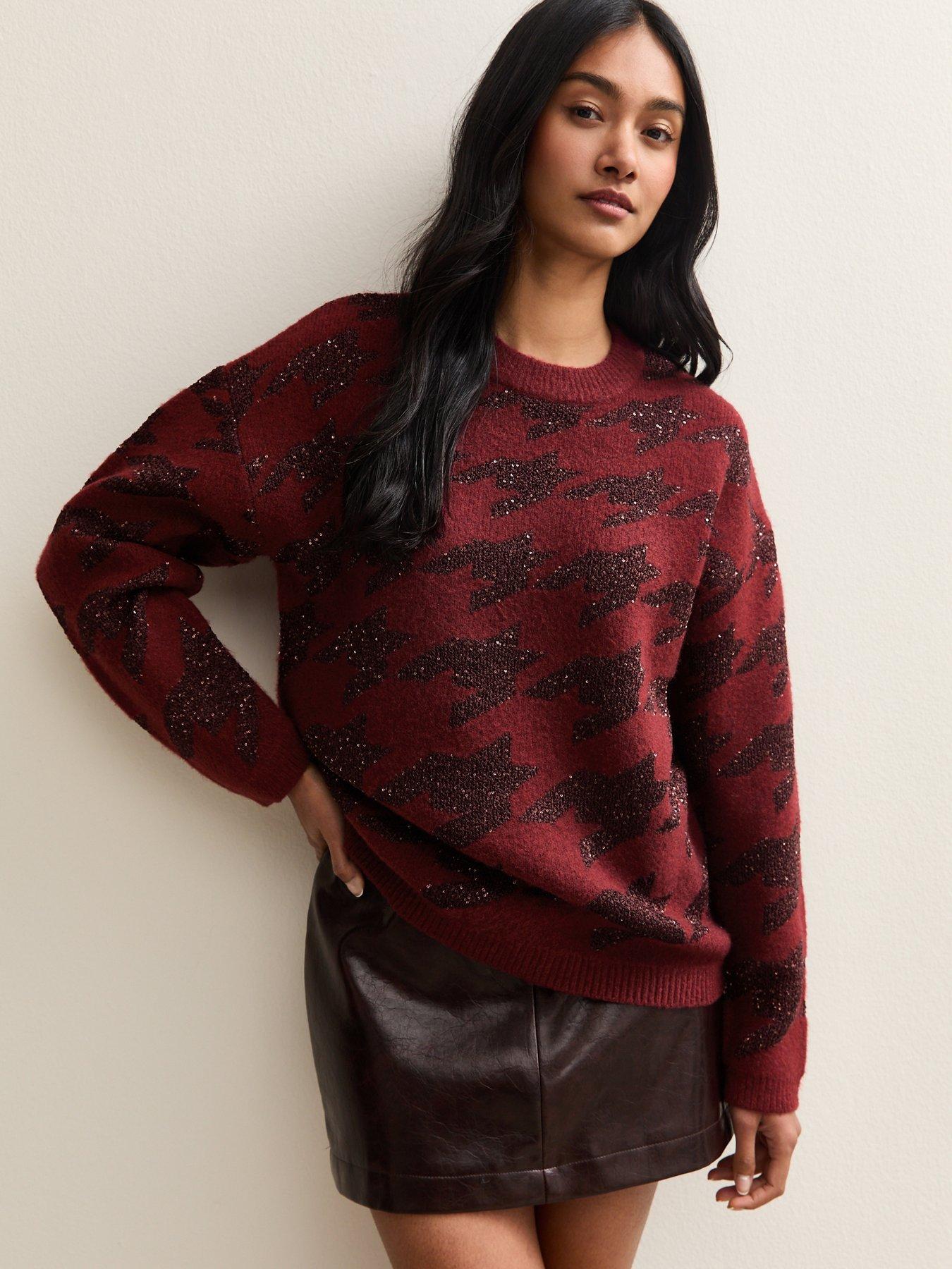 New Look Red Sparkle Houndstooth Knitted Jumper
