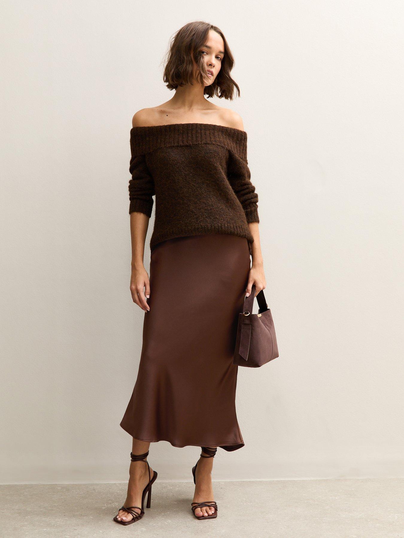 New Look Dark Brown Satin Bias Cut Midi Skirt