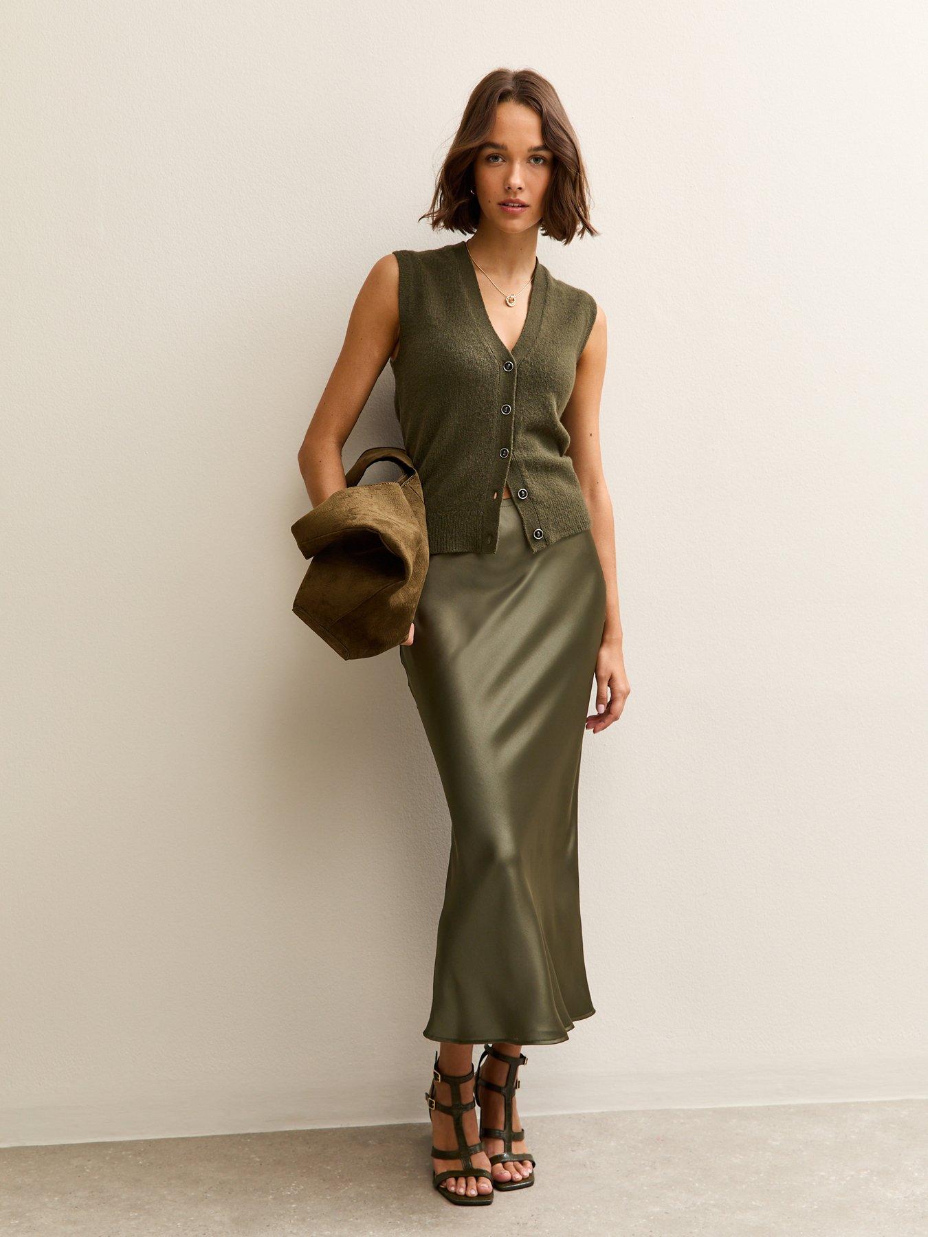 New Look Light Khaki Satin Bias Cut Midi Skirt
