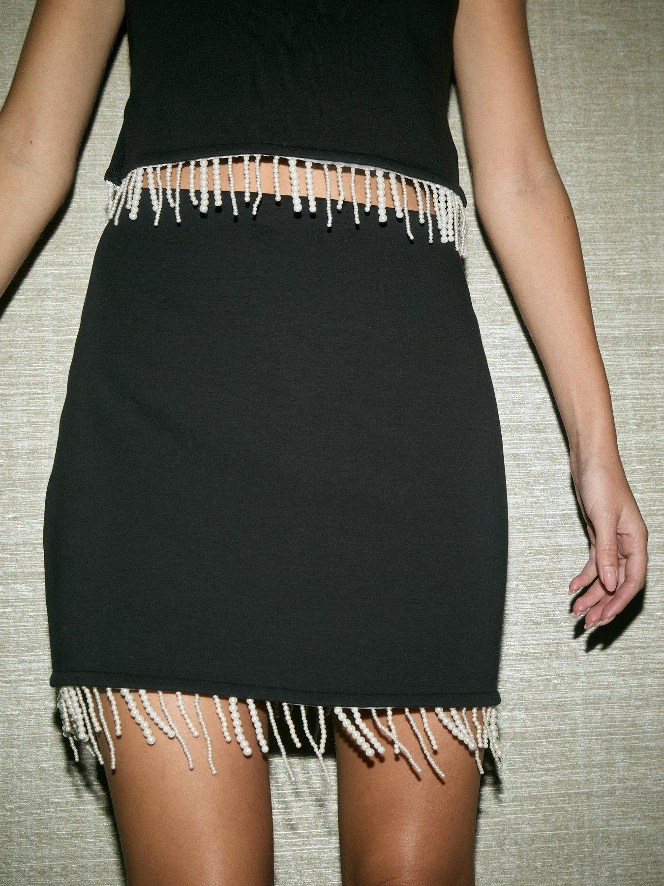 Image 4 of 4 of New Look Soft Touch Beaded Hem Mini Skirt - Black