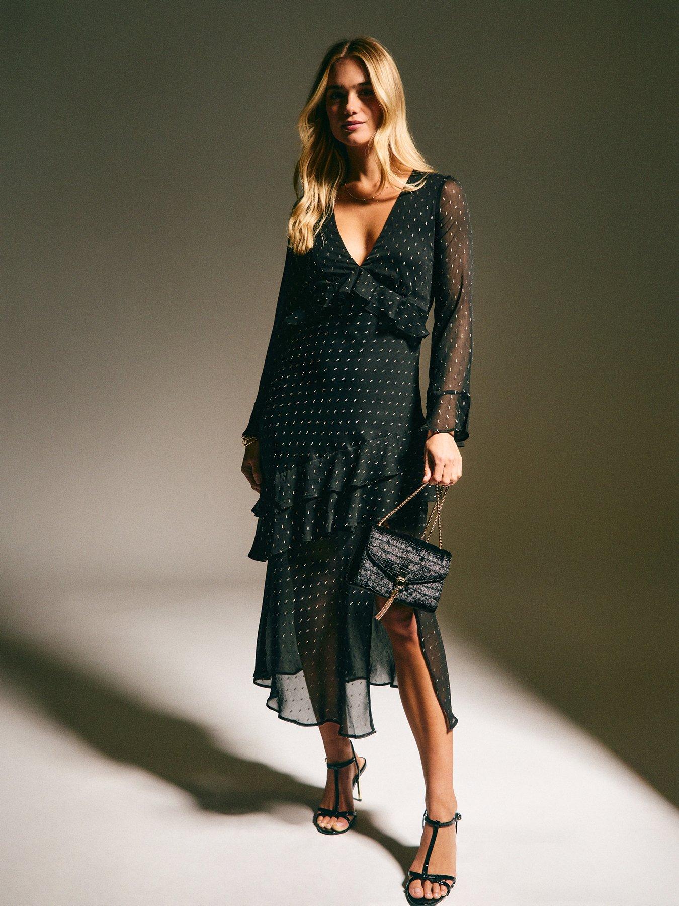  image of new-look-chiffon-metallic-pattern-ruffled-midi-dress-black