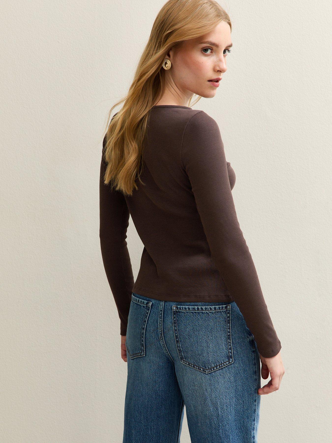 Image 2 of 4 of New Look Ribbed Button Through Long Sleeve Top - Brown