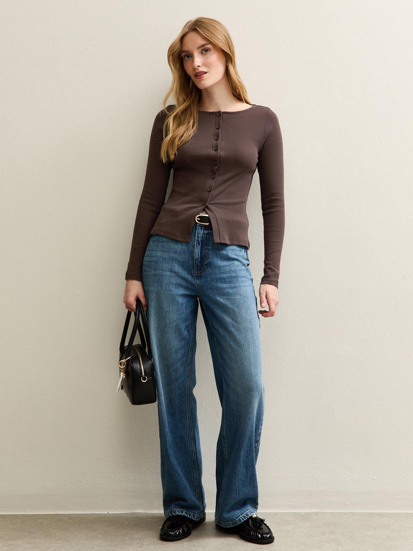 Image 3 of 4 of New Look Ribbed Button Through Long Sleeve Top - Brown