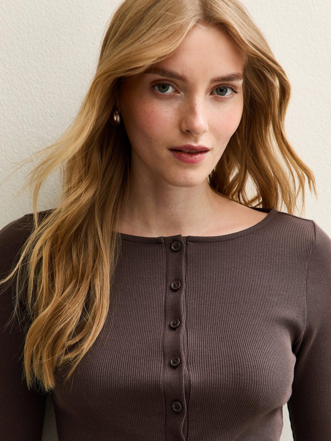 Image 4 of 4 of New Look Ribbed Button Through Long Sleeve Top - Brown
