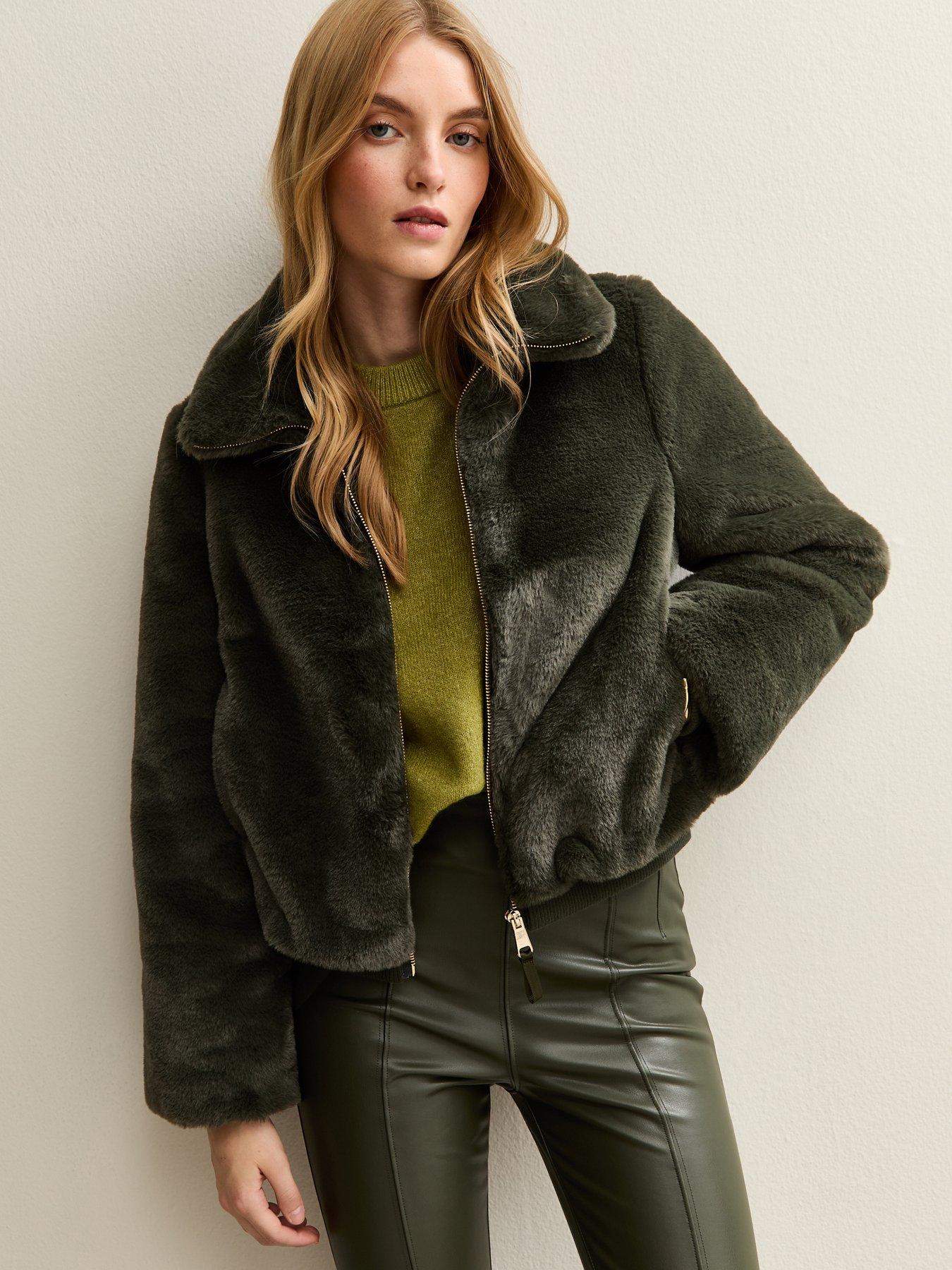New Look Faux Fur Bomber Jacket - Green