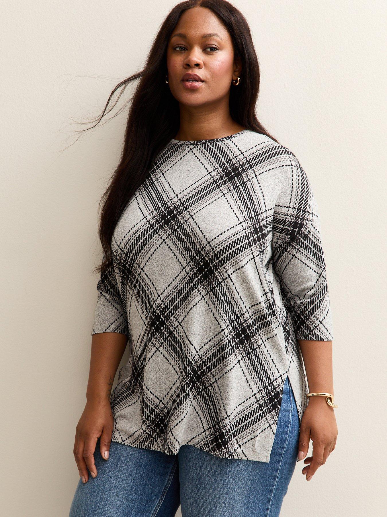 New Look Curves Black Soft Touch Checked Slit Hem Top