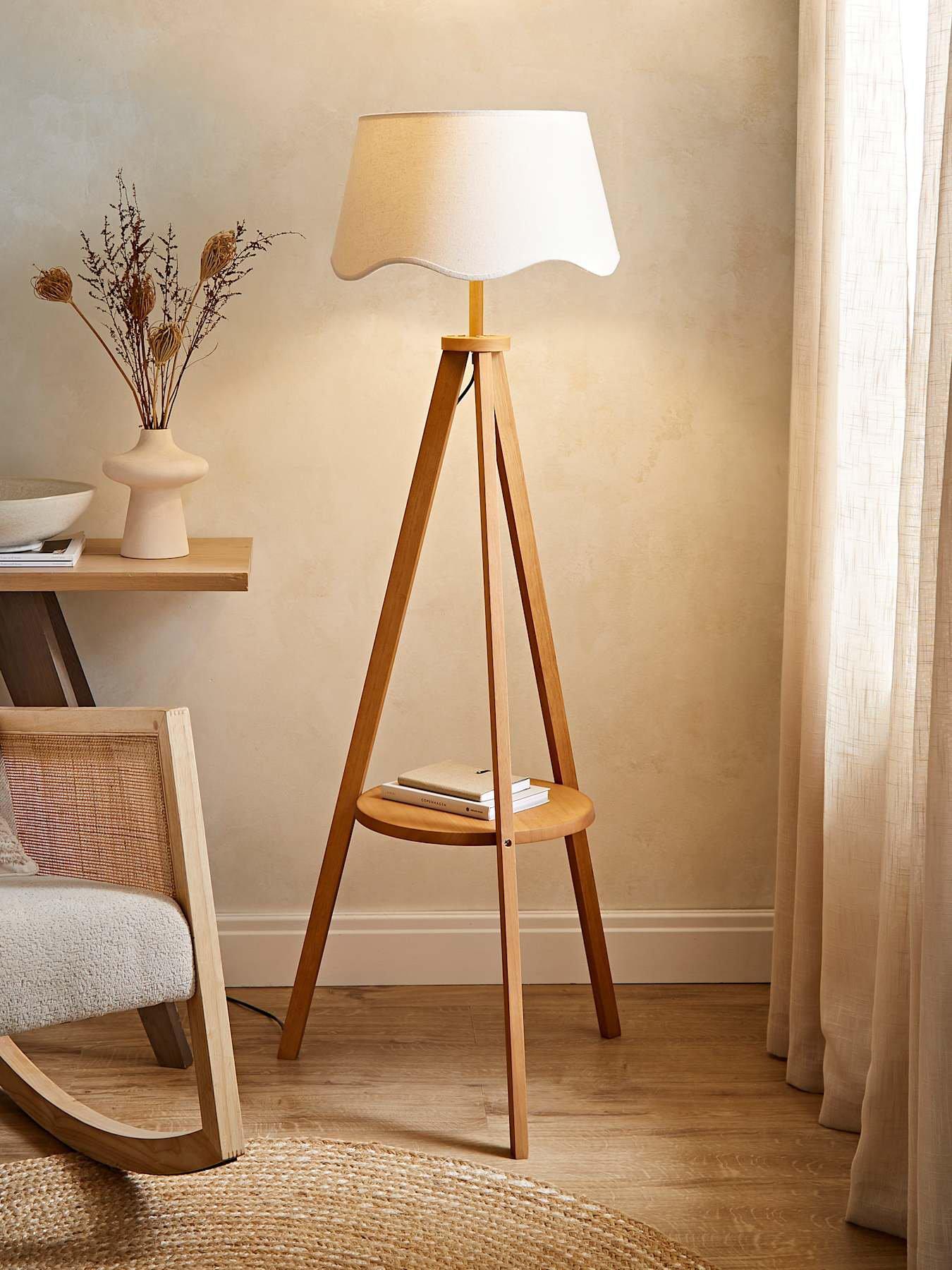 ValueLights Morrigan Mid Wood Shelf Floor Lamp With Natural Scalloped Shade