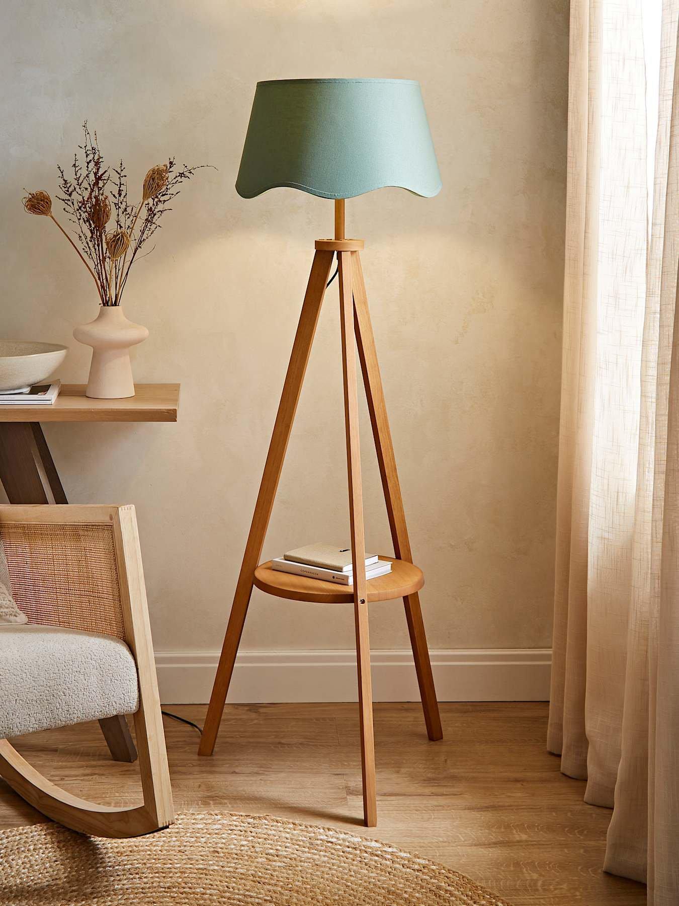 ValueLights Morrigan Mid Wood Shelf Floor Lamp With Sage Green Scalloped Shade