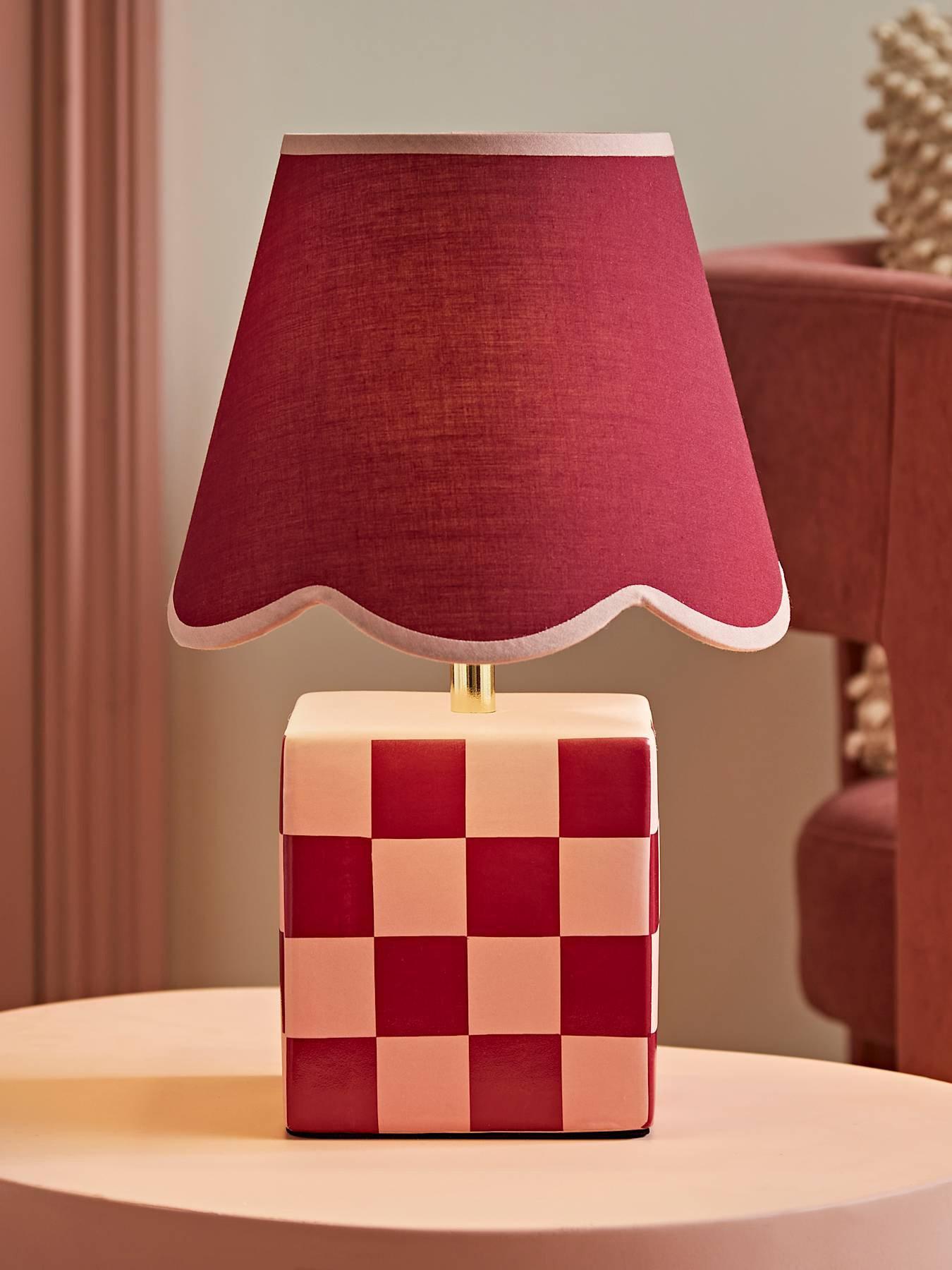 ValueLights Evie Burgundy Ceramic Checkerboard Table Lamp With Scallop Shade