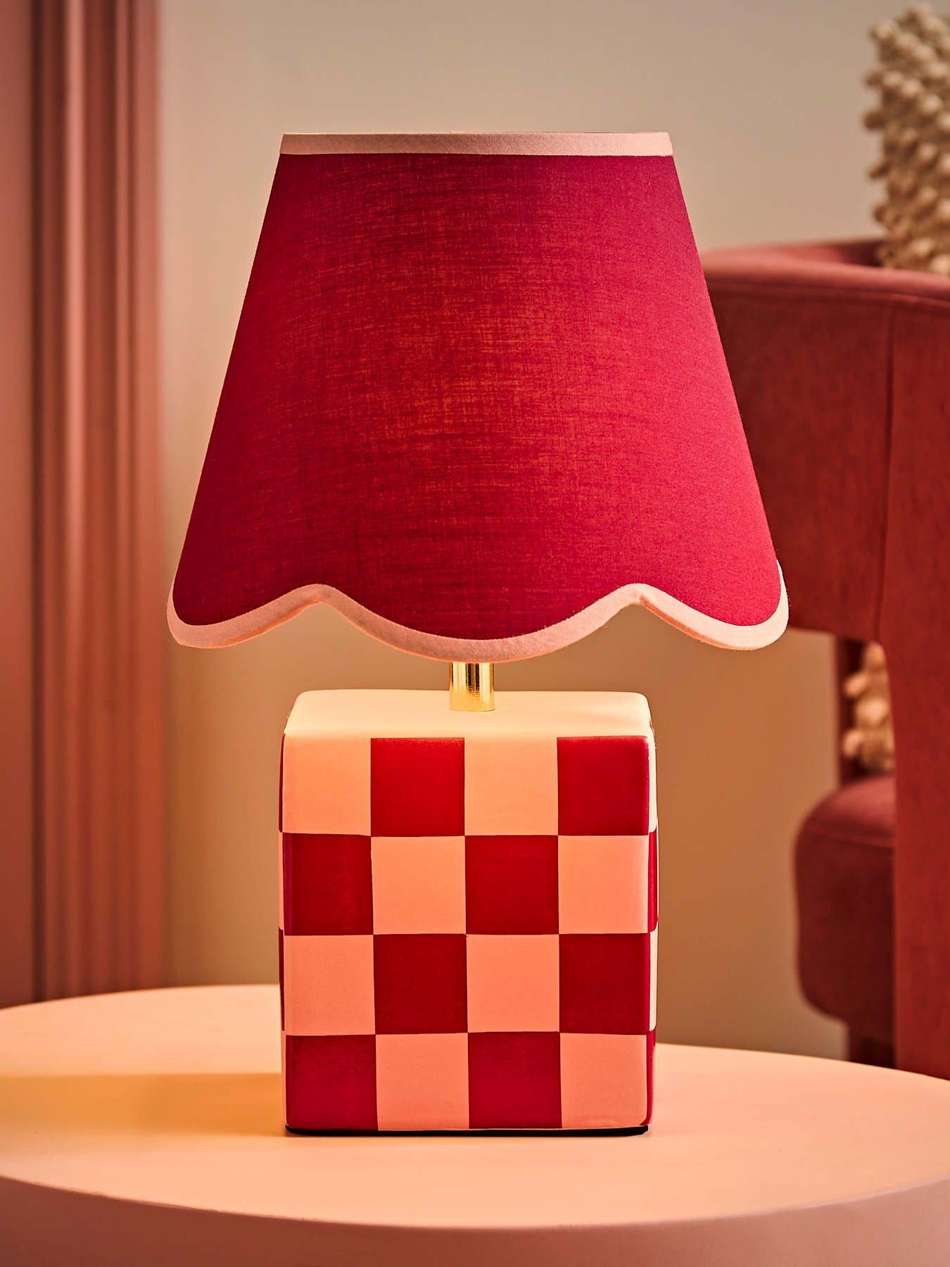 Image 3 of 7 of ValueLights Evie Burgundy Ceramic Checkerboard Table Lamp With Scallop Shade