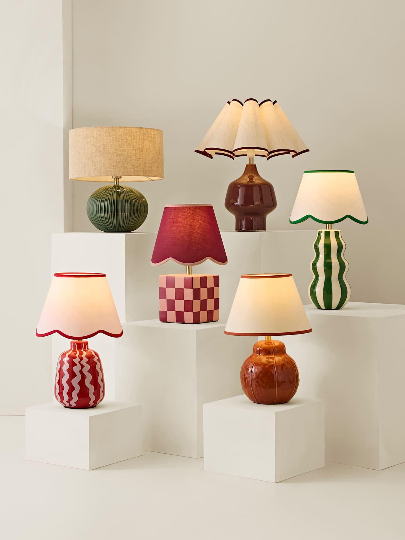 Image 7 of 7 of ValueLights Evie Burgundy Ceramic Checkerboard Table Lamp With Scallop Shade