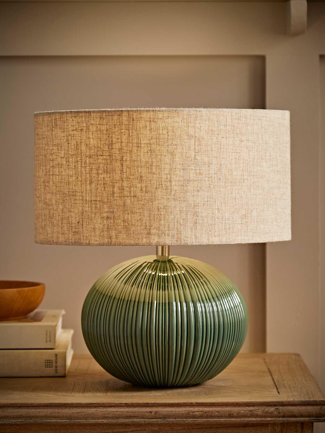 ValueLights Rebecca Green Ribbed Ceramic Table Lamp With Linen Shade