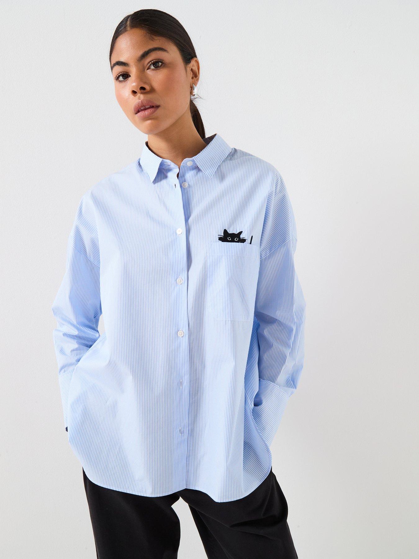 PS PAUL SMITH Womens Striped Long Sleeve Cat Embroidered Shirt - Blue