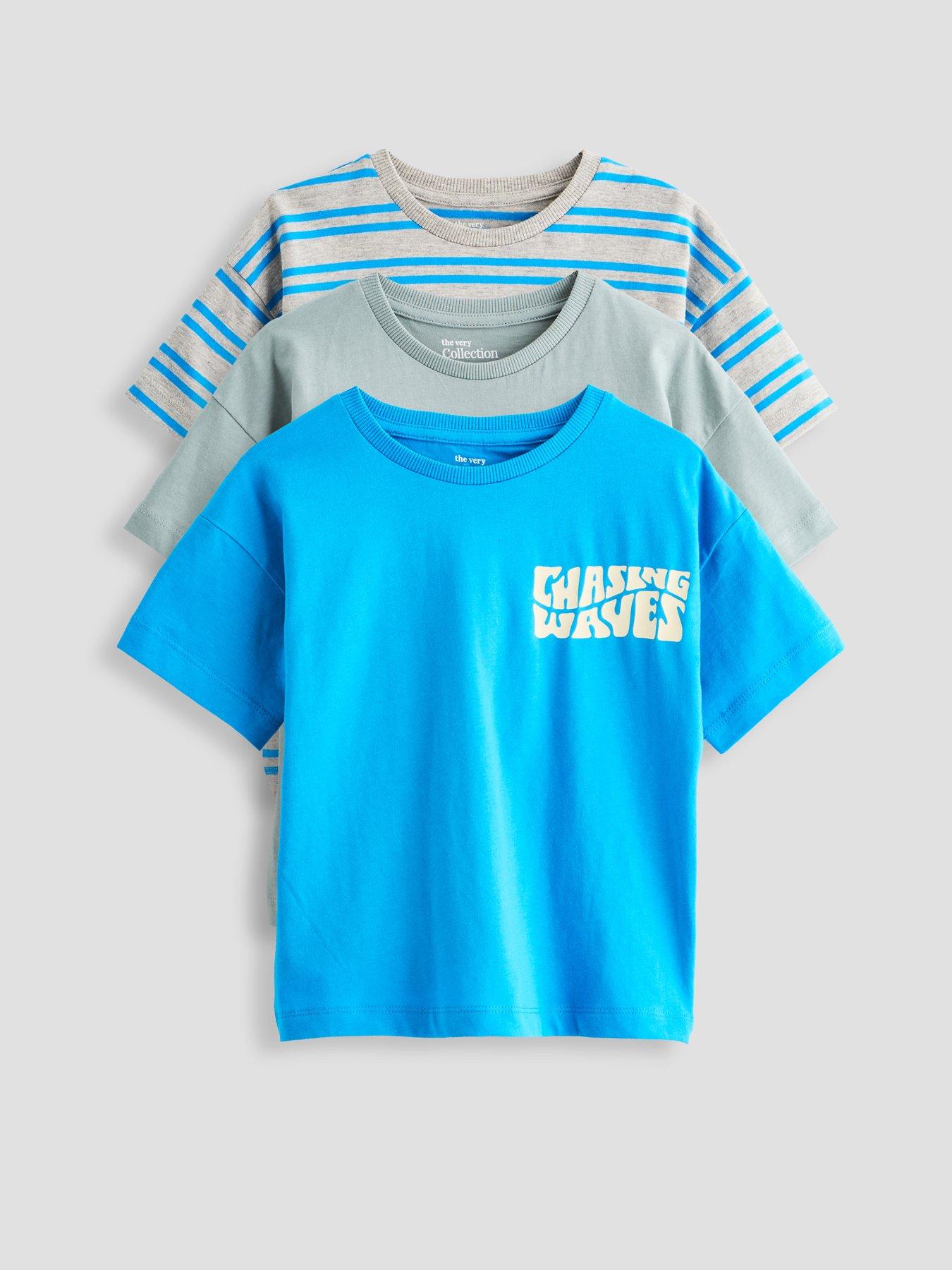 The Very Collection Boys 3 Pack Stripe Wave Graphic T-Shirts - Blue