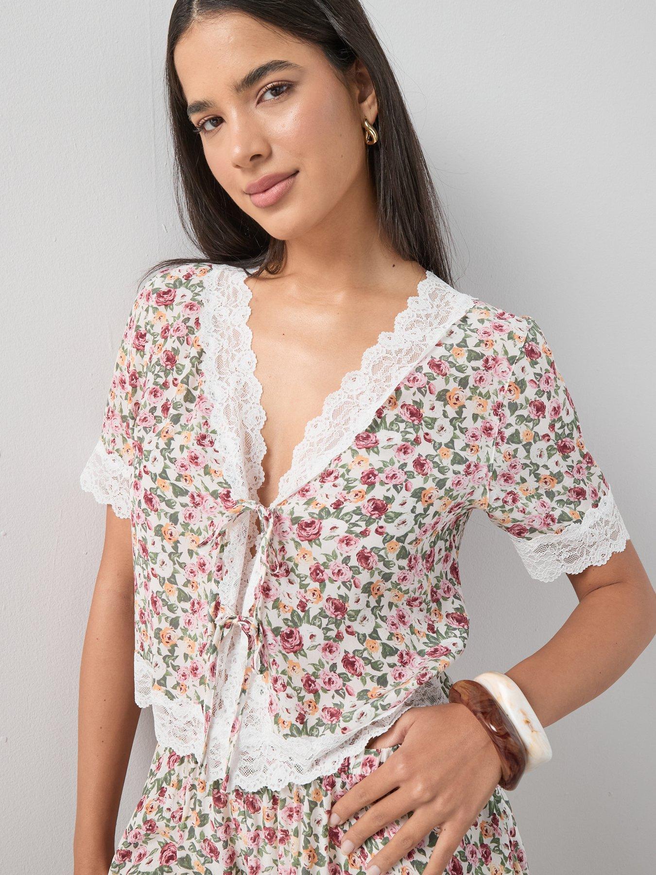 The Very Collection Floral Lace Trim Tie Front Blouse - Print