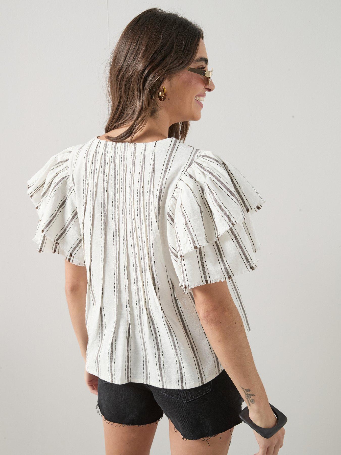  image of the-very-collection-v-neck-fluted-blouse-stripe