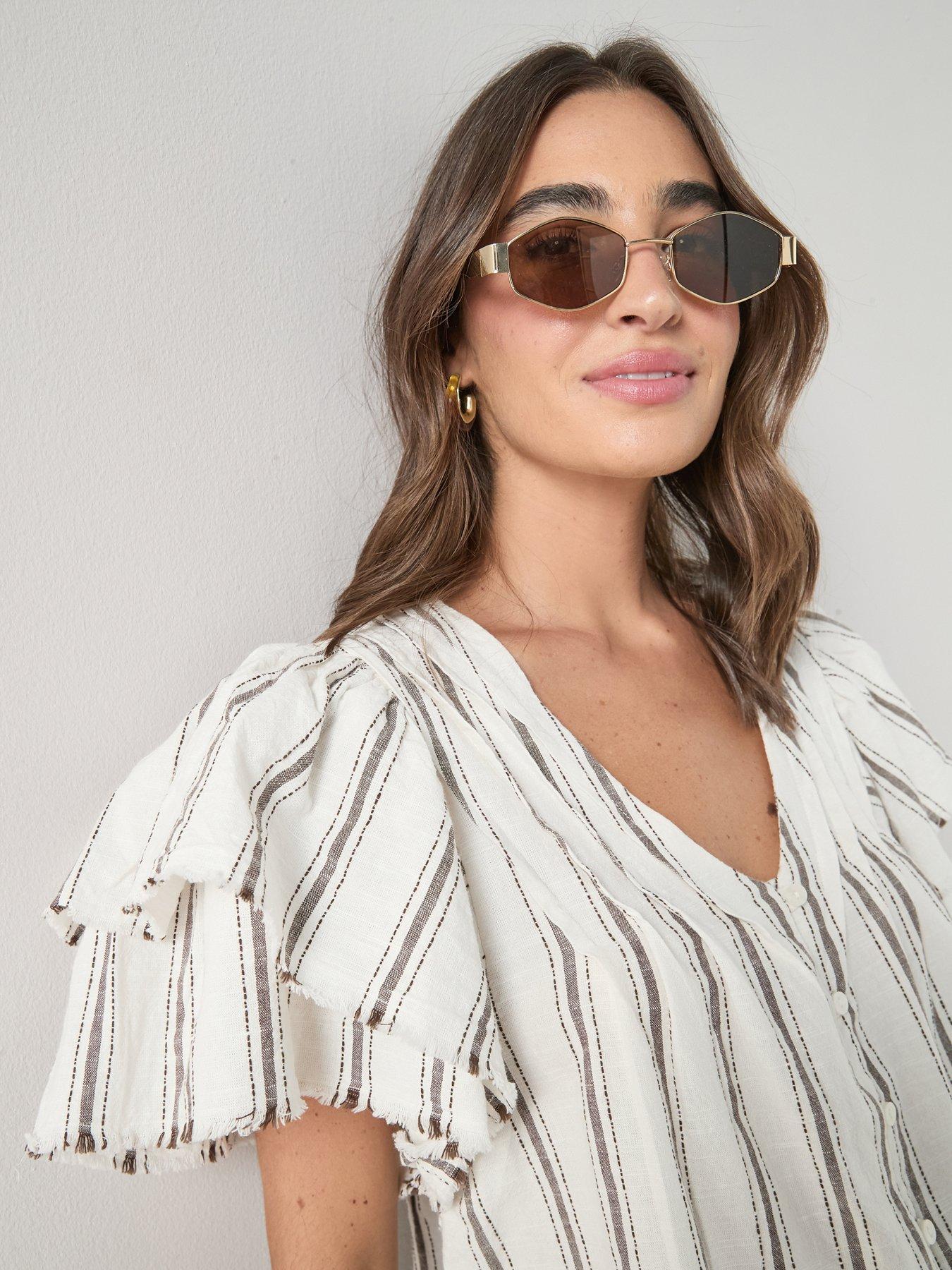  image of the-very-collection-v-neck-fluted-blouse-stripe