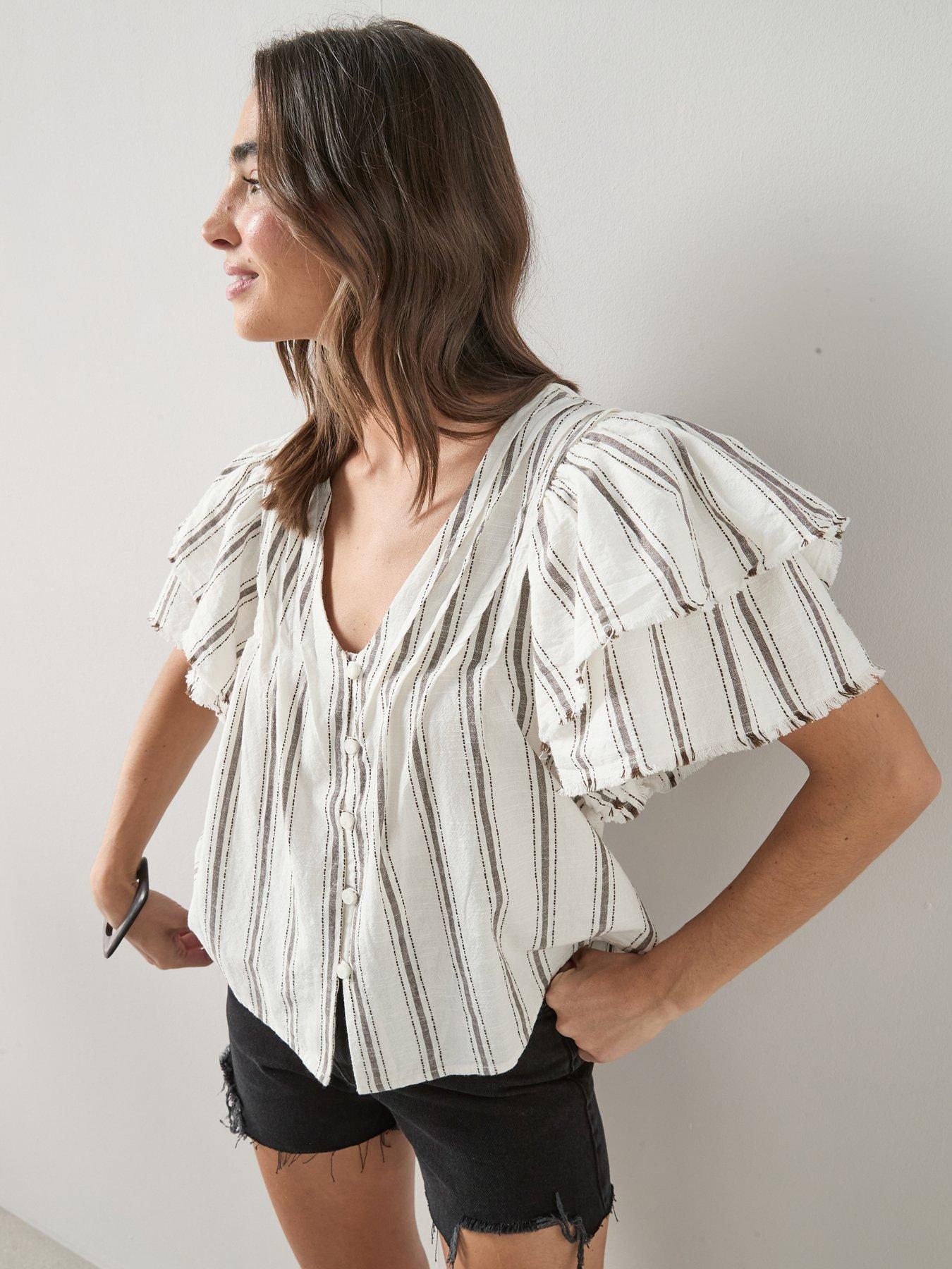  image of the-very-collection-v-neck-fluted-blouse-stripe
