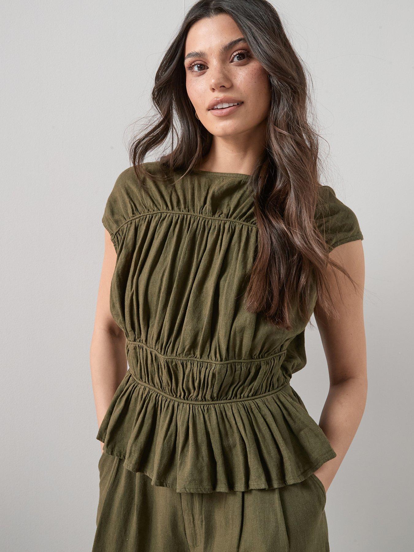 The Very Collection Linen Tiered Detail Blouse - Green